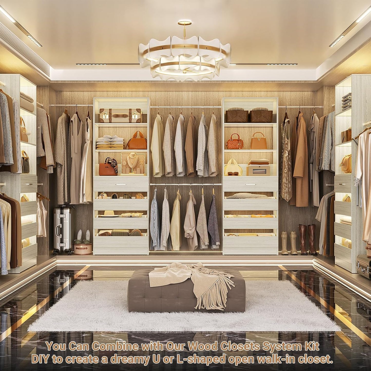 Aheaplus Closet System, 6-15Ft Closet Organizer with 8 Wooden Drawers, Wood Closet Organizer System with Tower, Walk-in Closet Organizer Wardrobe Garment Clothes Rack with 4 Hanging Rods, White Oak