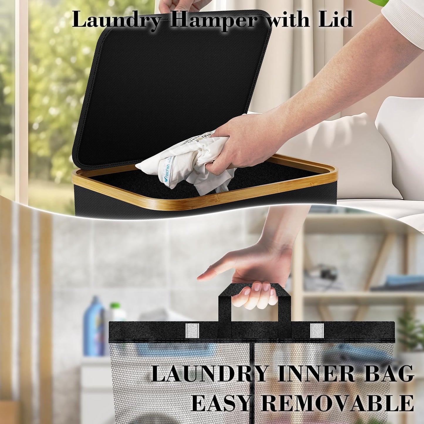 Laundry Hamper with Wheels,29 Gal (110L) Laundry Basket with lid Rolling Clothes Hamper Foldable Dirty Clothes Basket on wheels with Bamboo Frame and Bag for Bedroom, Dorm, Laundry Room-Black