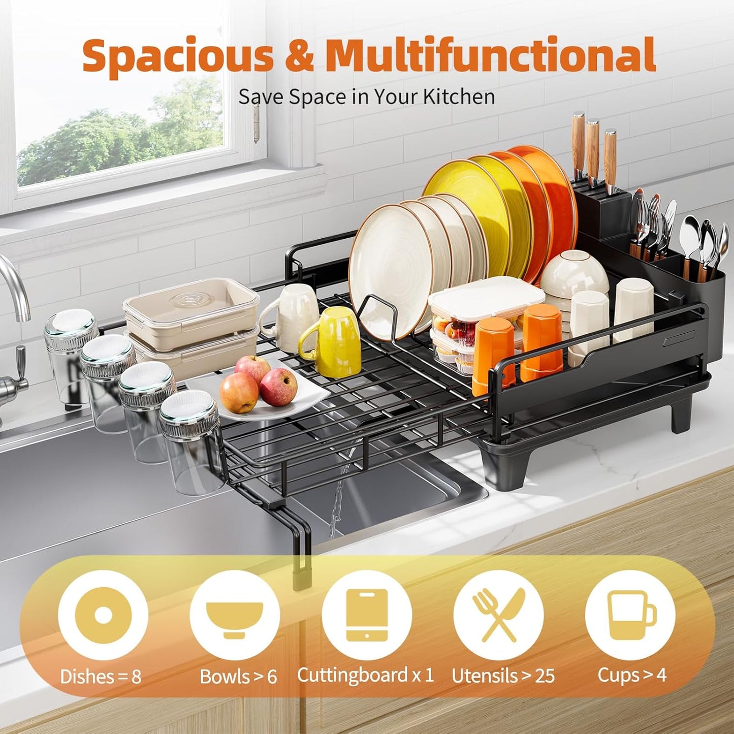 Dish Drying Rack - Extendable Dish Drainer, Large Dish Rack for Kitchen Counter, Rustproof Dish Strainer with Utensil Holder and Cups Holder, 1 Tier Black