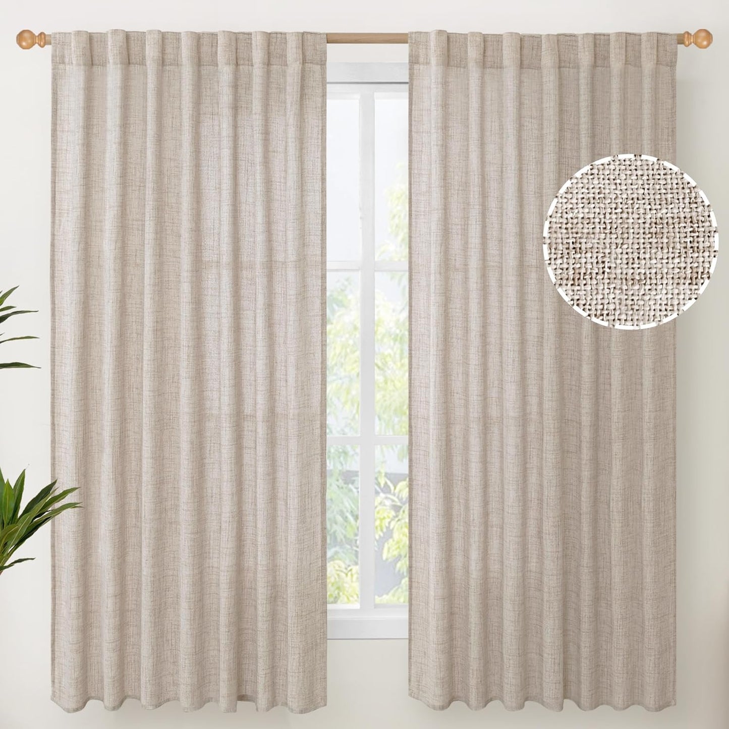 YoungsTex Natural Linen Curtains 60 Inch Wide Back Tab Textured Window Drapes 63 Inch Window Length for Living Room Light Filtering, 2 Panels
