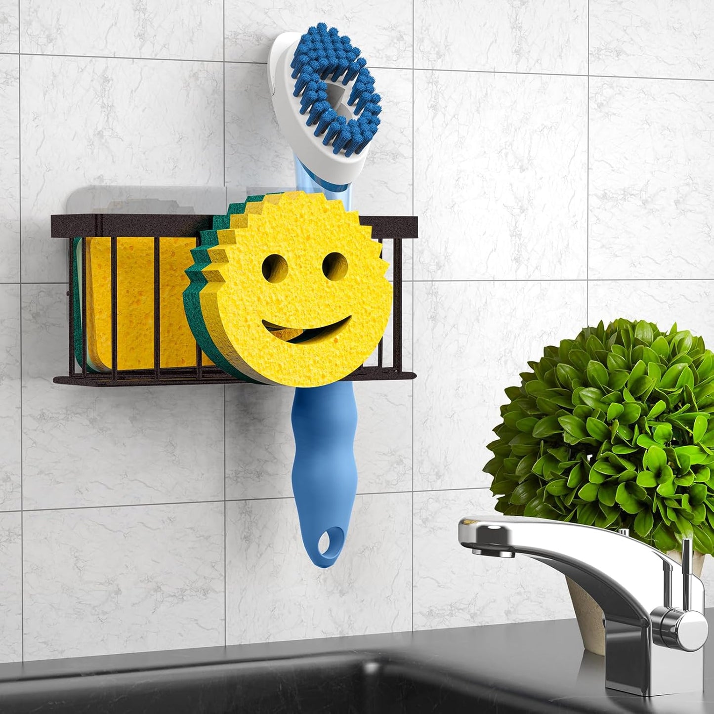 Sponge Holder Smiley Face,Sink Caddy,Sink Organizer with 2 Suction Cups/1 Adhesive Strips,Designed for Sponge,Soap,Dish Brush,Scrubber - Bronze