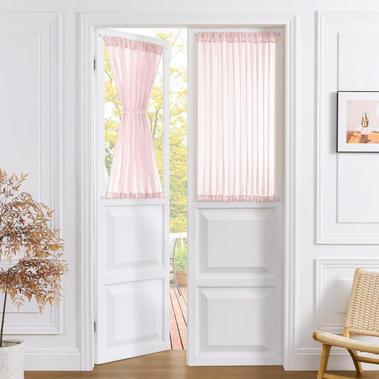 Tollpiz Short Sheer Door Curtain Closet Linen Textured Curtain Sheers Doorway Light Filtering Voile Patio Glass Door Rod Pocket Curtains French Door, 54 x 54 inches Long, Pink, Set of 1 Panel