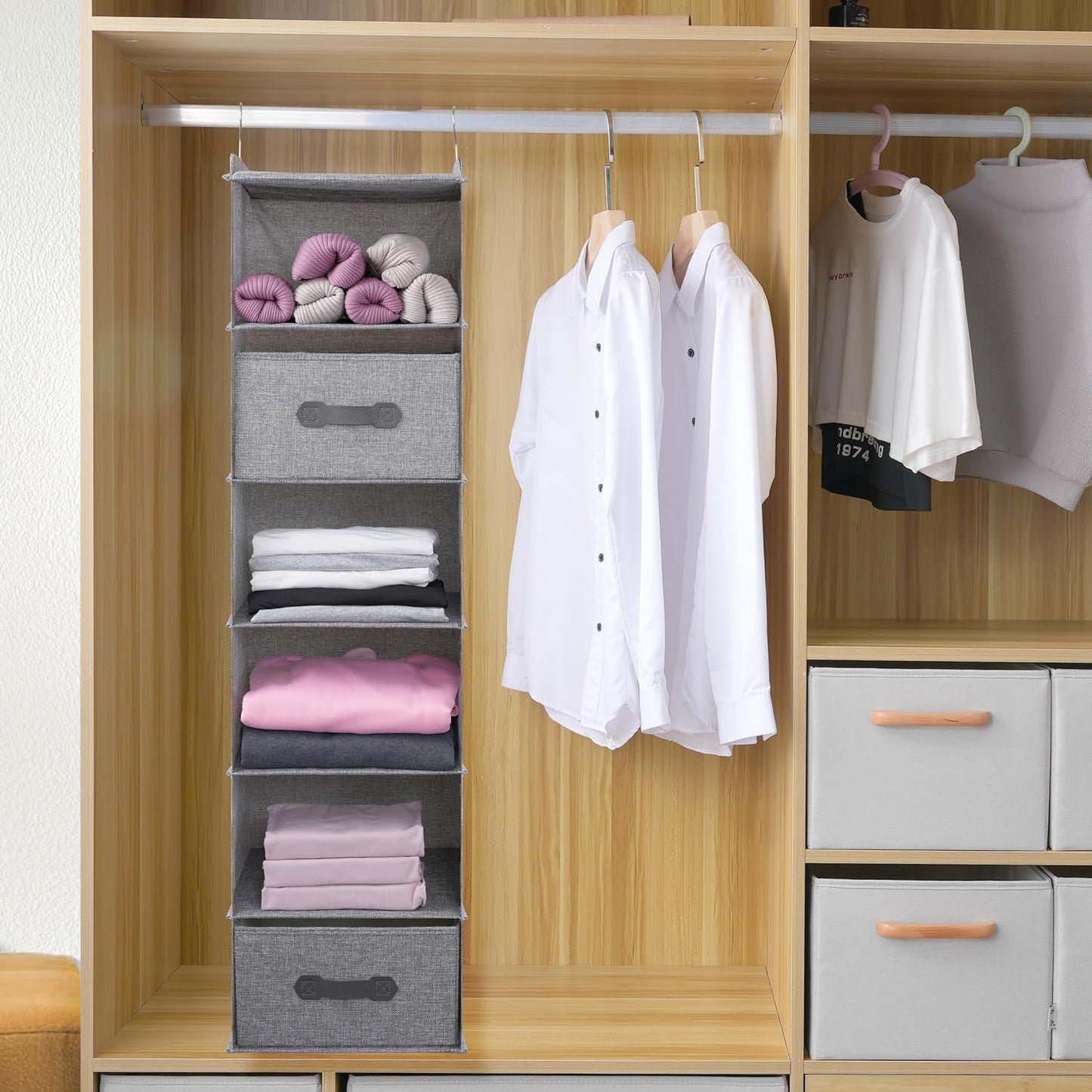Large Hanging Sweater Organizer for Closet,Collapsible 6-Shelf Hanging Closet Shelves with Drawers, Washable (Grey-6 Shelf-2 d)