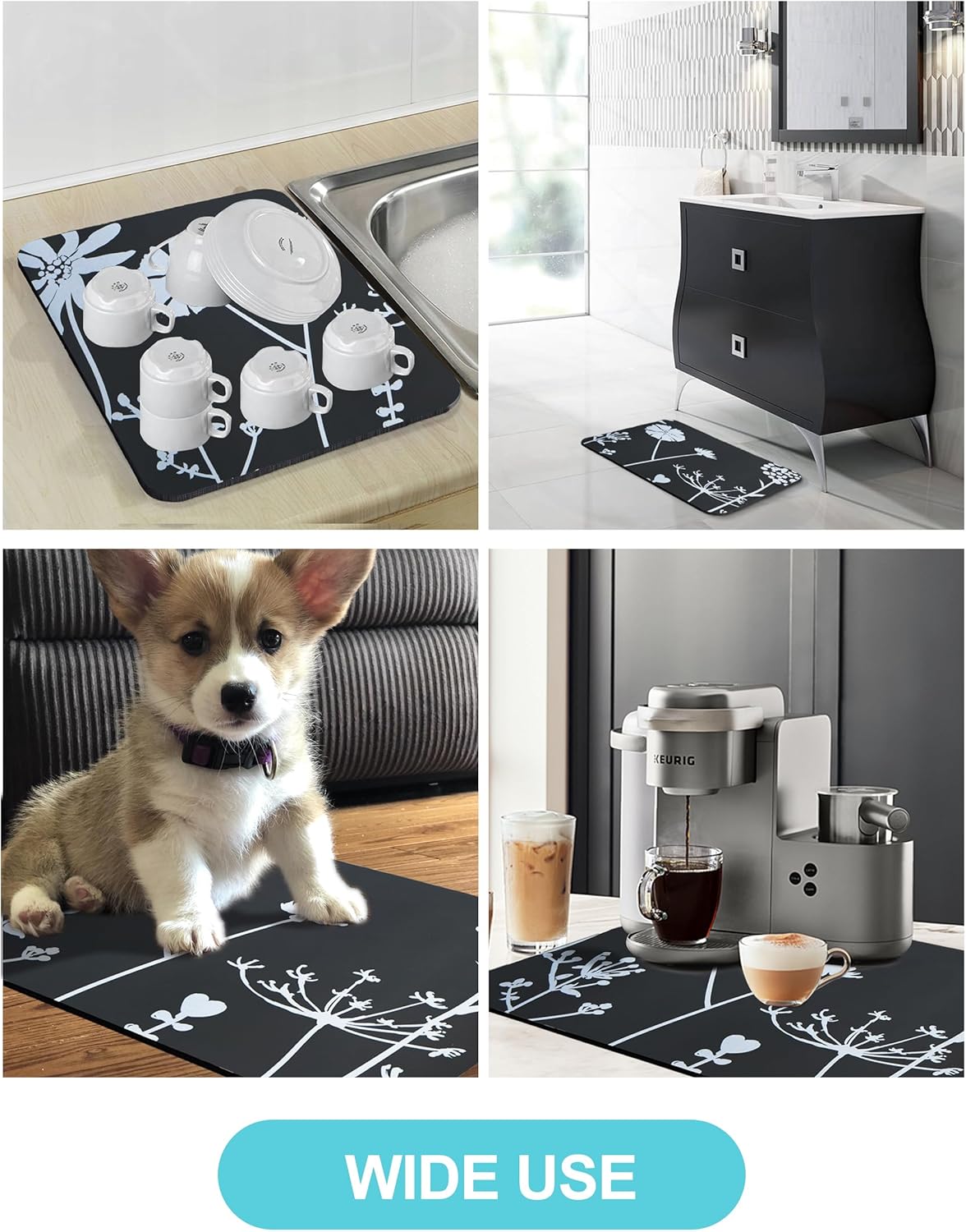 Dish Drying Mat for Kitchen Counter, 16"x24" Dish Drying Pad with Non-slip Rubber Backed, Hide Stain Anti Absorbent for Kitchen Counter, Drying Mat for Coffee Machine Dish Rack (Gray Daisy)