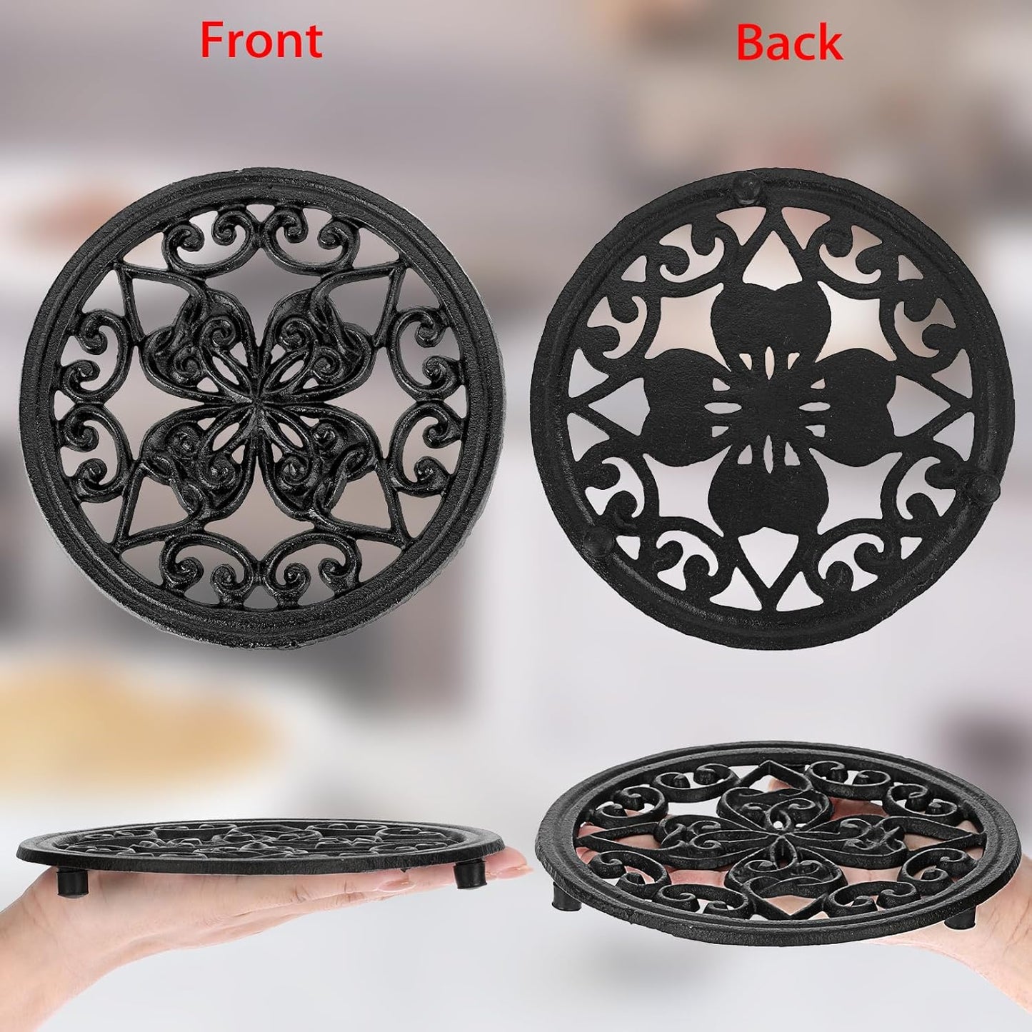 JUXYES 2 PCS Decorative Cast Iron Metal Trivet with Rubber Feet, Vintage Heat Resistant Iron Mat for Hot Dish Pot Pan Plate Teapot, Round Trivet Mat Hot Pot Holder Pads for Kitchen Or Dining Table