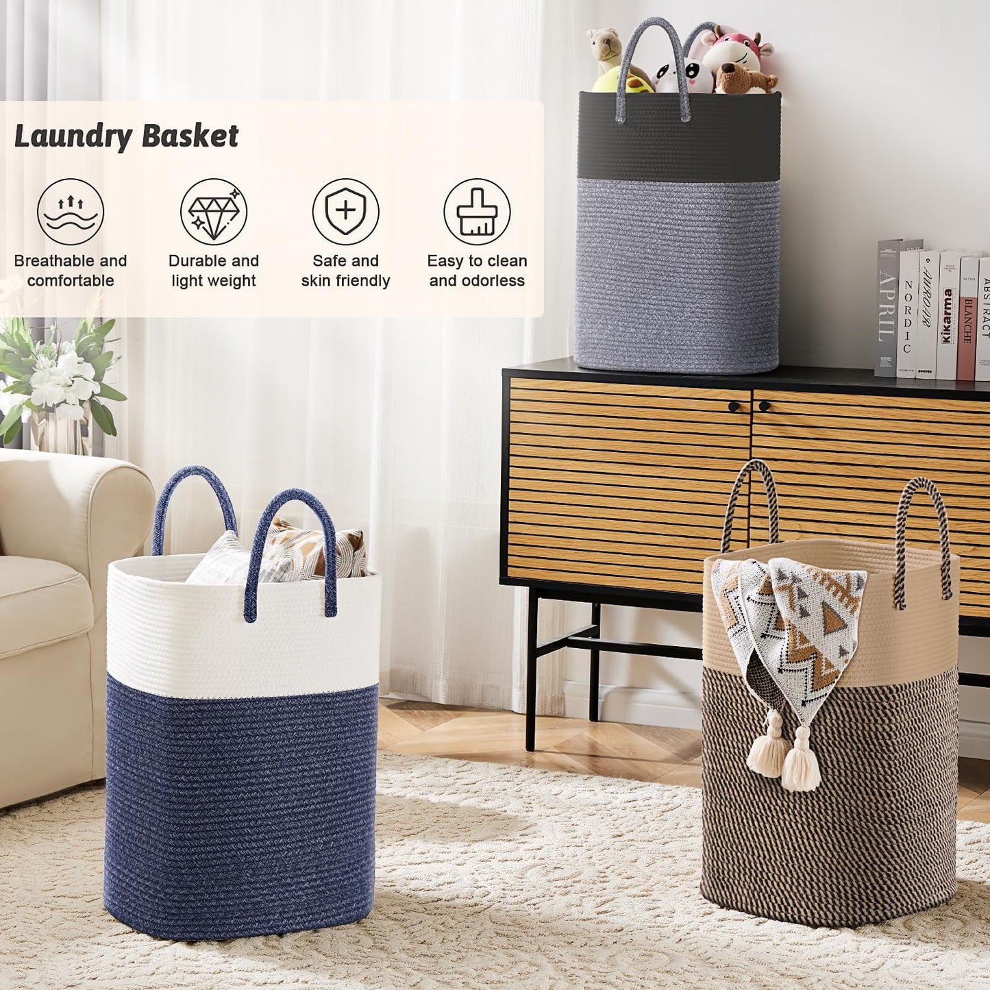 Laundry Basket,Woven Cotton Rope Laundry Hamper,Versatile Storage for Dirty Clothes,Baby Toys,and Blankets in Bathroom, Nursery,and Living Room (Blue, 40L)
