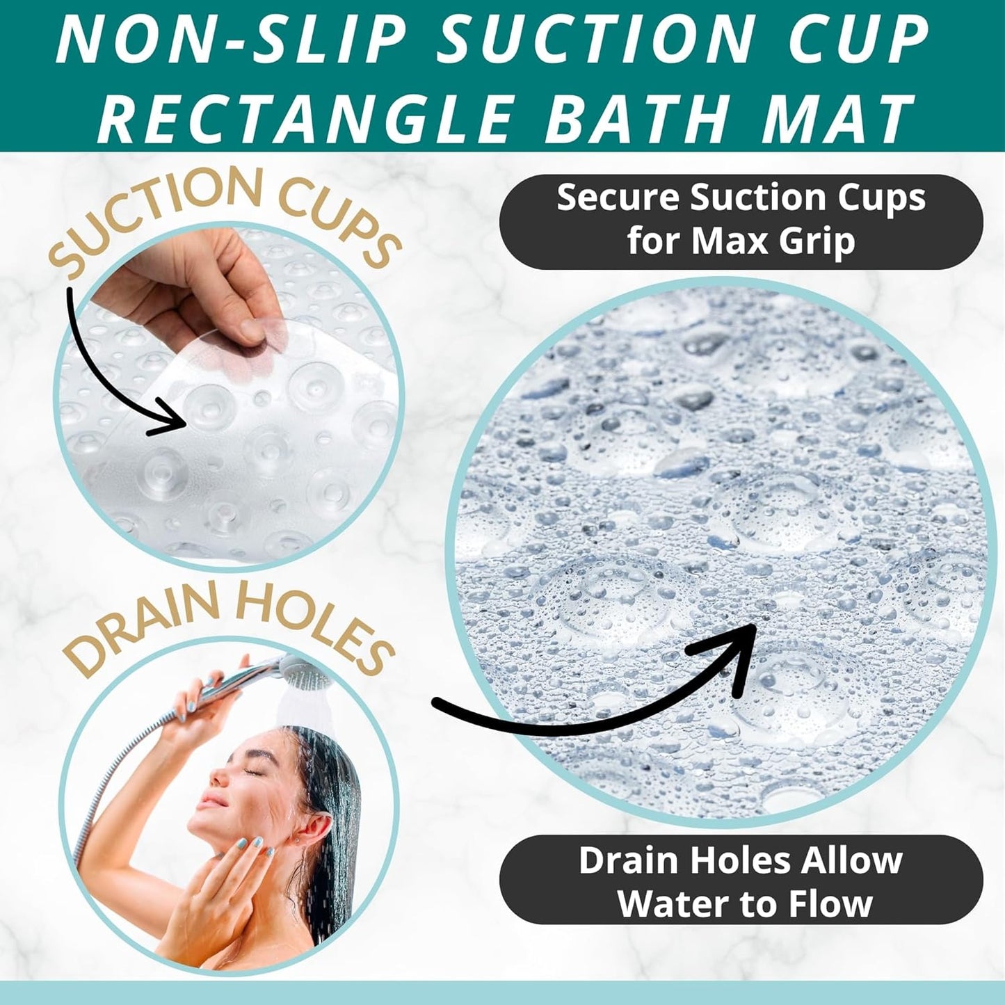 ENKOSI Bath Mat – 40 x 16 Inch Extra Long Non Slip Bathtub Mat – Anti Slip Clear Shower Mat with Suction Cups and Drain Holes – Bathroom Mat for Bath Tub and Smooth Shower Floors (40x16 Clear)