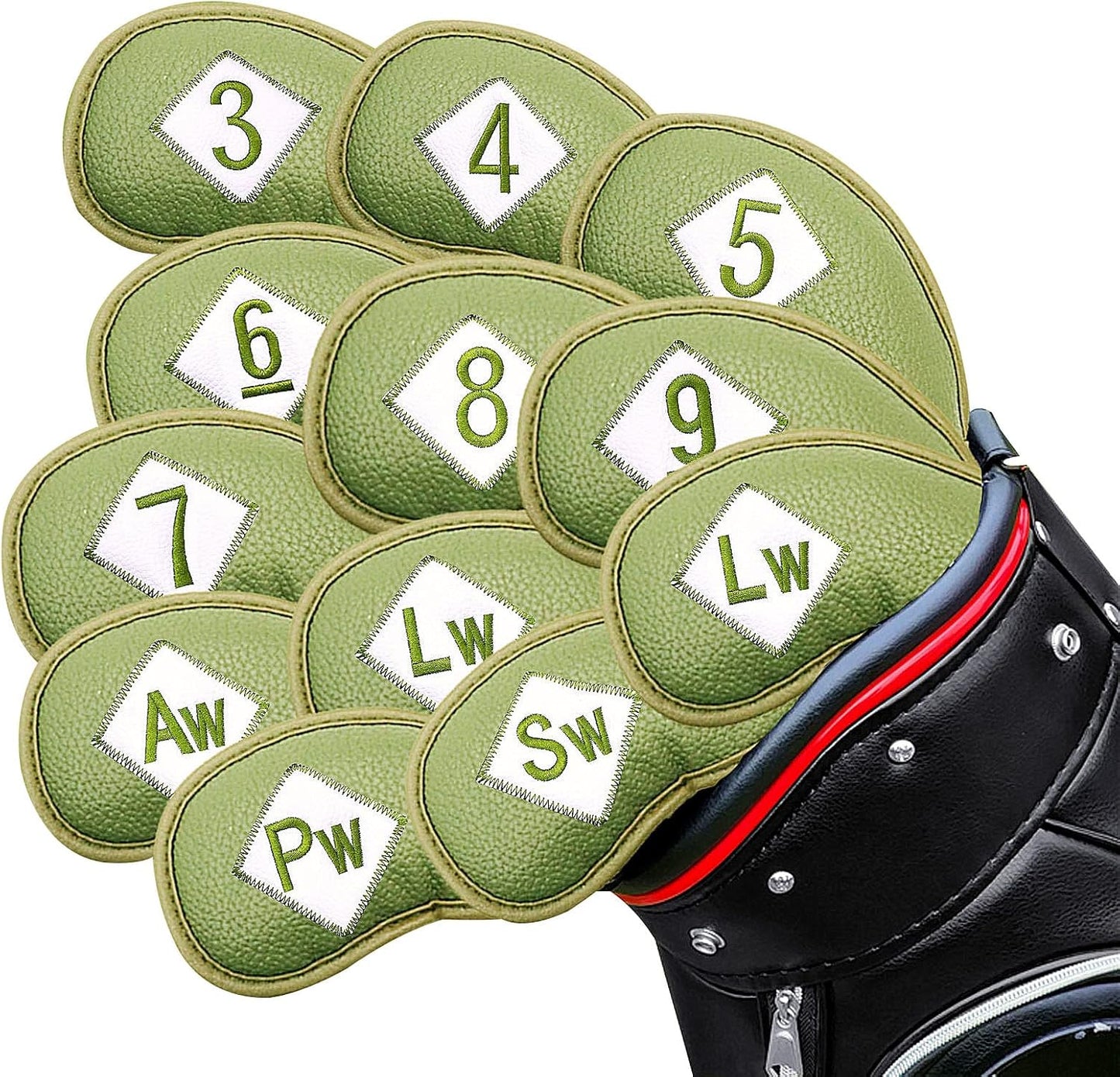 FINGER TEN Premium Synthetic Leather Stylish Iron & Wedge Golf Head Covers Value 12 Piece Set, Embroidered Labels & Fits Most Clubs Gift Set, Travel Protection Accessories