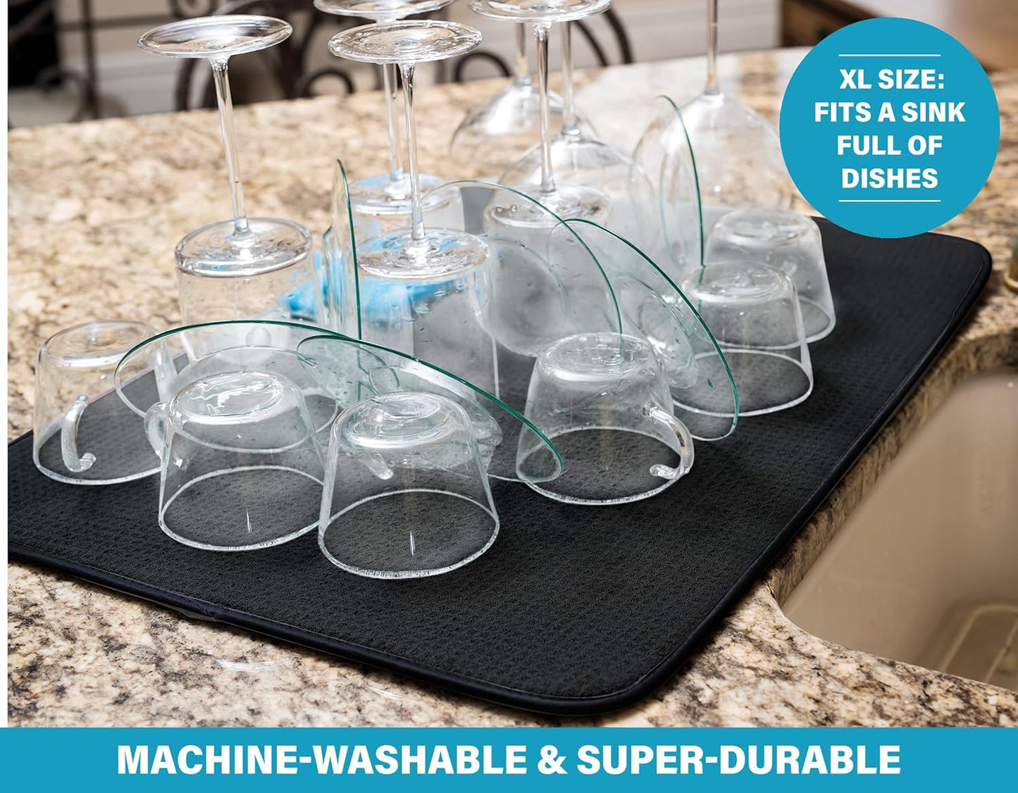 Bellemain XXL Dish Mat Microfiber Dish Drying Mat, Super absorbent (Black, 17" x 24")