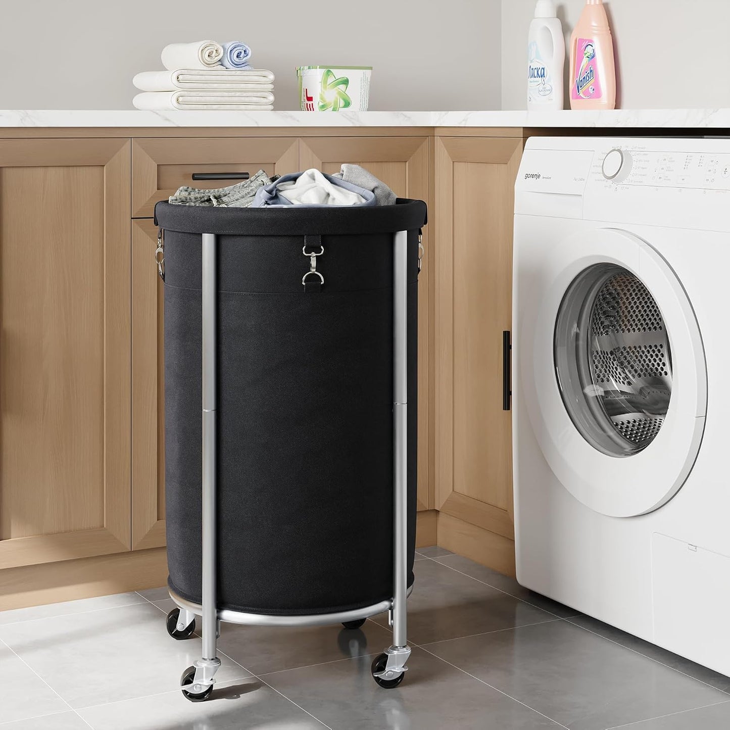 ELYKEN Laundry Hamper with Wheels, 110L Rolling Laundry Basket, Round Laundry Cart with Steel Frame and Removable Bag, 4 Casters and 2 Brakes, Dirty Clothes Hamper for Hotel, Home, Closet, Dorm, Black