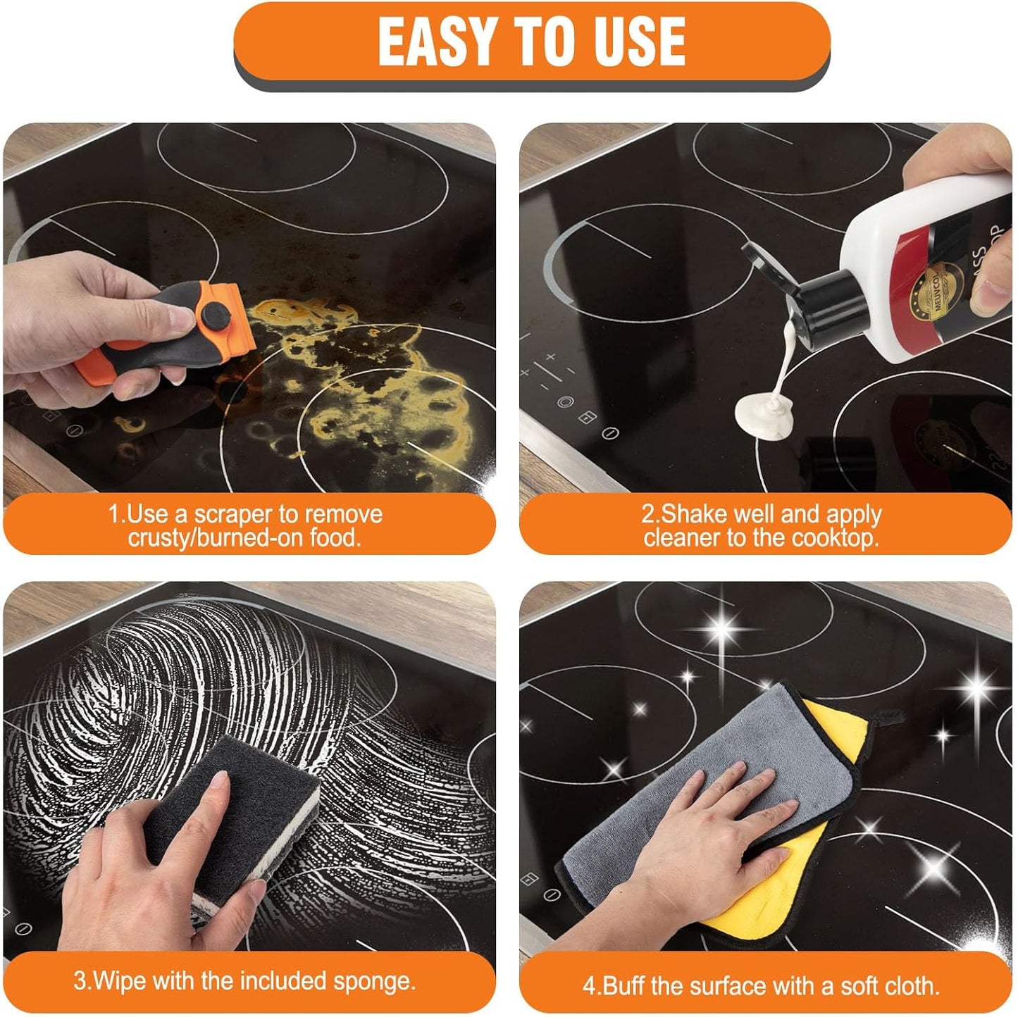 Glass Stove Top Cleaner Kit, 12 Oz Glass Cooktop Cleaner Non-Abrasive, Stove Oven Cleaner & Polish For Ceramic, Electric, Induction, Flat Top Stovetop, Gas - With Scrubbing Pad, Scraper, Cloth