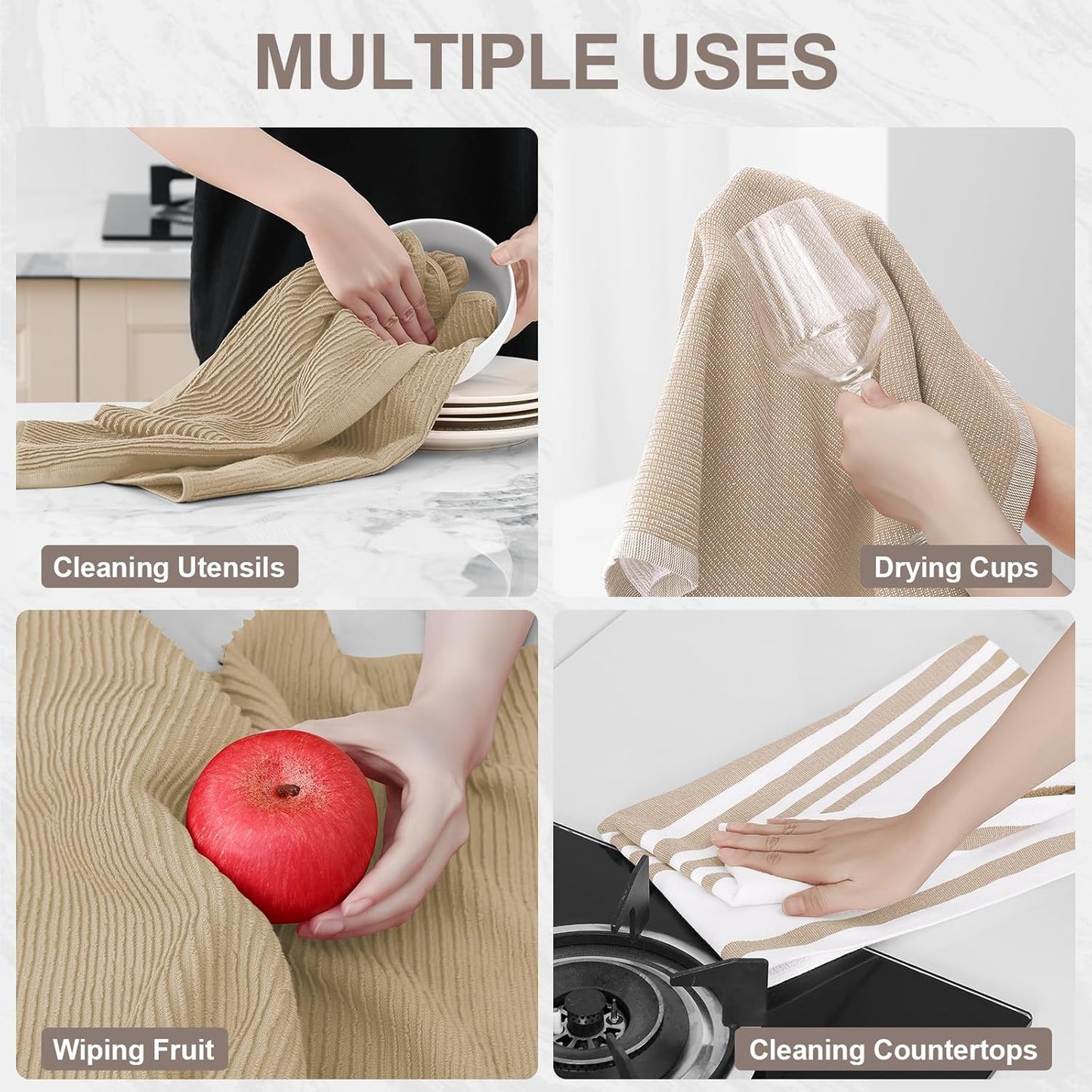 Homaxy Premium Kitchen Towels(18”x 28”, 3 Pack), Large Cotton 380 GSM Kitchen Hand Towels, Soft and Absorbent Terry Dish Towels, Multipurpose Tea Towel Set with Hanging Loop, Khaki