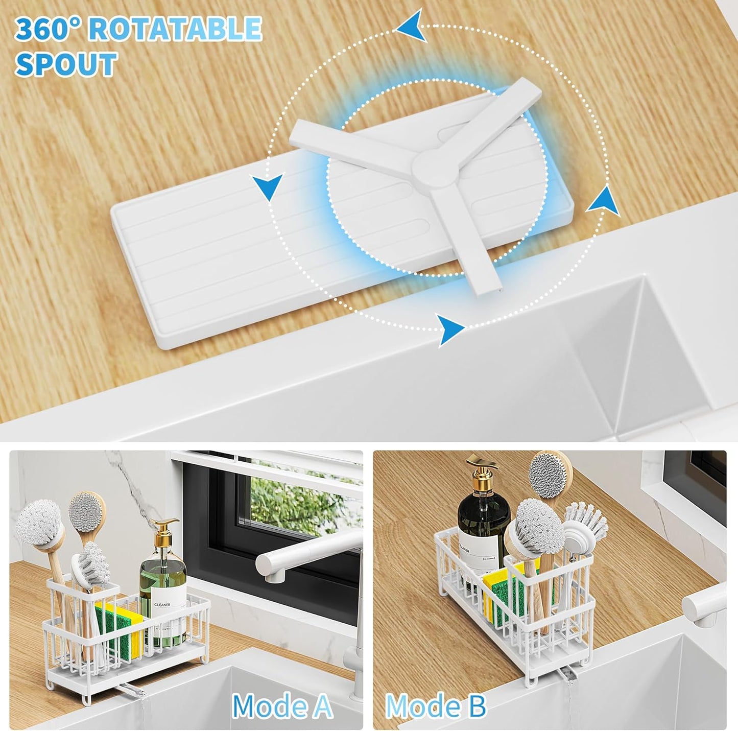 Cisily White Sponge Holder for Kitchen Sink, Sink Caddy Organizer with High Brush Holder, Kitchen Countertop Organizers and Storage Essentials, Rustproof 304 Stainless Steel, Soap Dispenser Organize