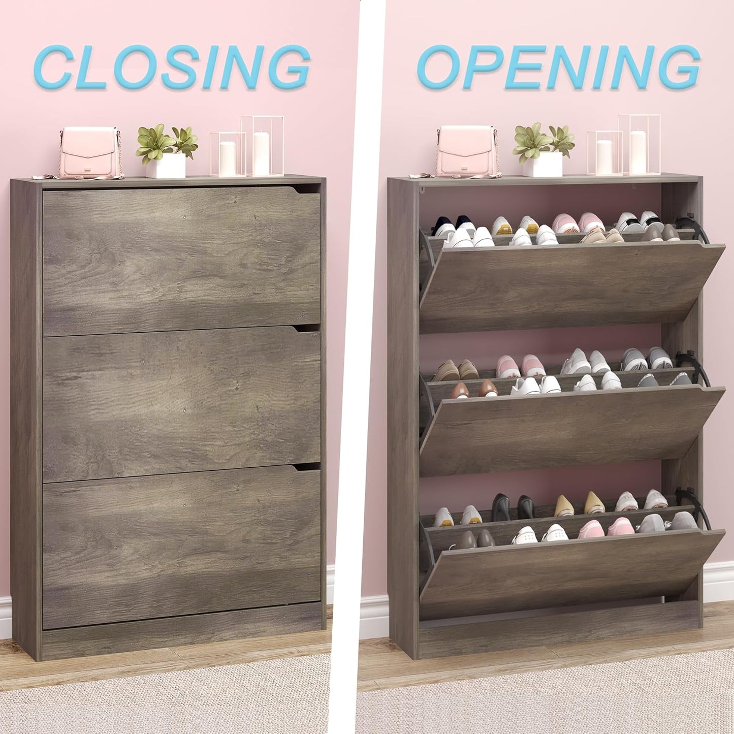 Shoe Cabinet with 3 Flip Drawers, Hidden Wood Shoe Cabinet,Freestanding Shoe Storage Cabinet for Entryway Hallway