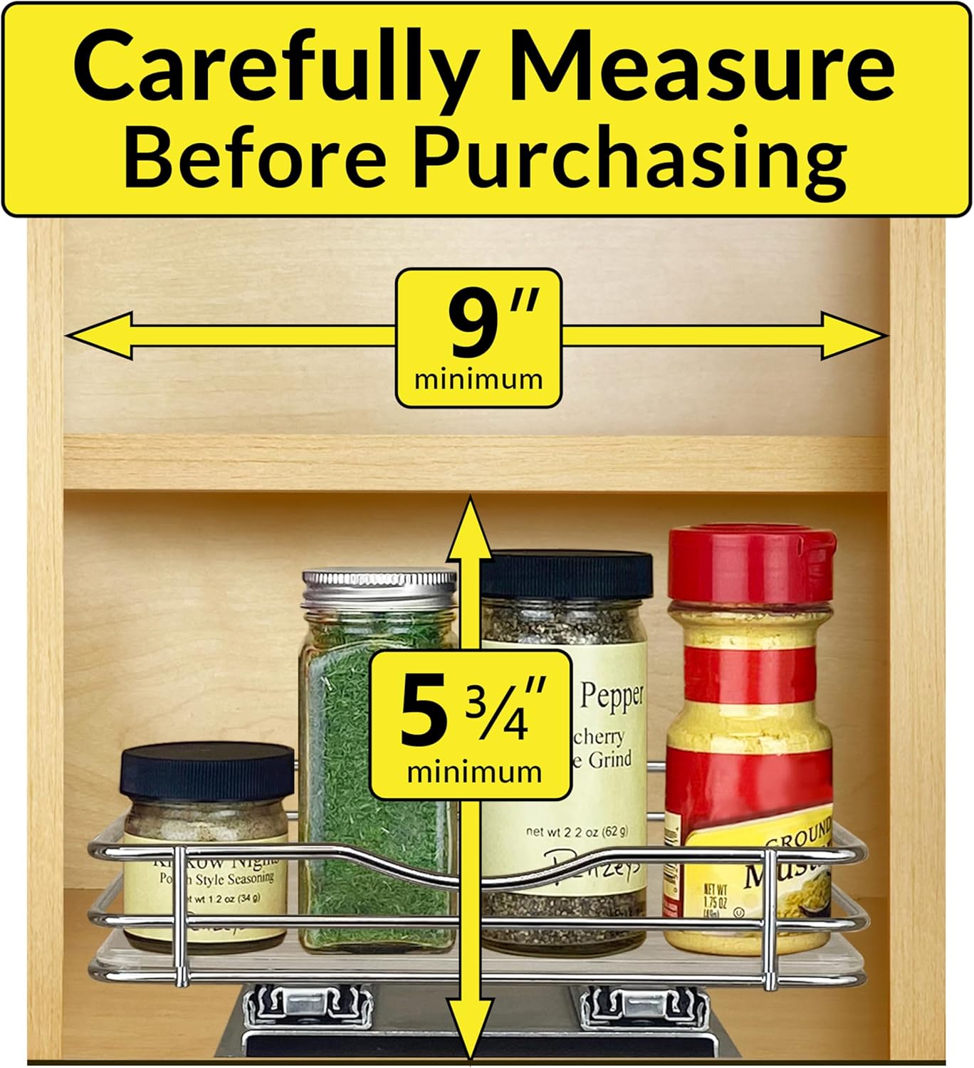 LYNK PROFESSIONAL® Pull Out Spice Rack Organizer for Inside Kitchen Cabinets - 8-1/4 inch Wide - Slide Out Drawer – Chrome Sliding Spice Cabinet Organization Shelf Racks - 1 Tier