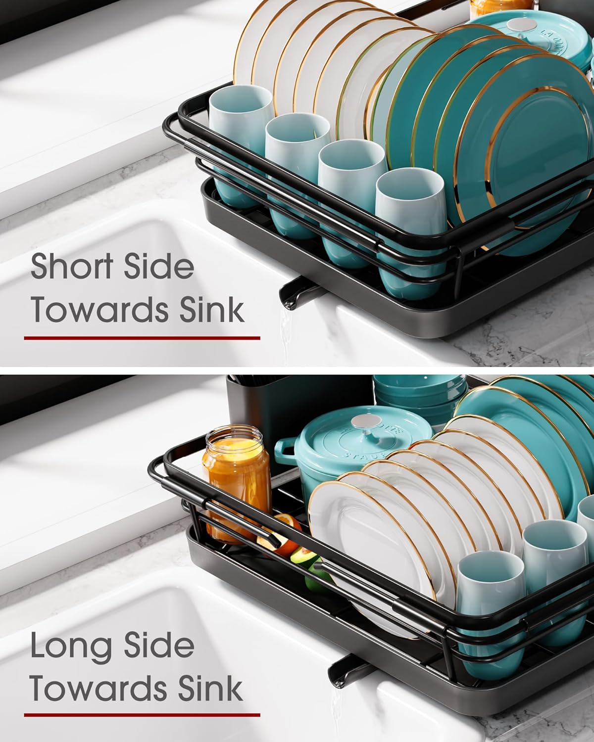 Stainless Steel Dish Drying Rack for Kitchen Counter, Sink Organization and Storage Essentials with Silverware & Utensil Holder, Home and Apartment Decor, 12" W x 15.8~23" L, Black