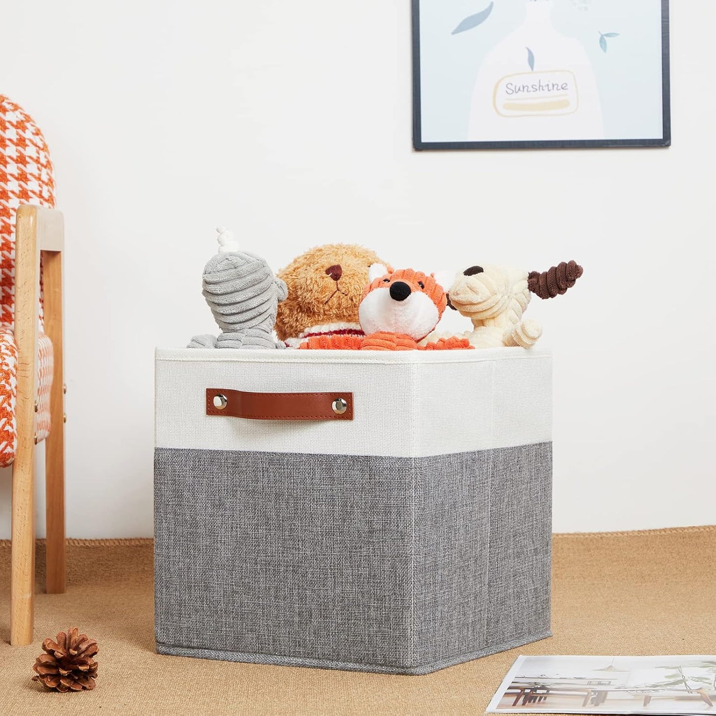 HNZIGE Set of 4, Foldable Storage Cube Bin Baskets, Fabric 11x11 Cube Storage Bins for Storage with Handles, Shelf Bins for Cube Home Toy Nursery Closet(White Gray)