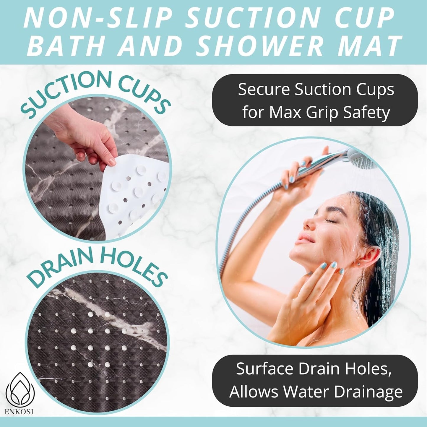 ENKOSI Bath Mat – Large 40 x 16 Inch Non-Slip Bathtub Mat with Secure Anti-Slip Suction Cups & Drain Holes – Extra Long Bathroom Shower Mat for Tub with Black Marble Design (Black Marble 40x16)