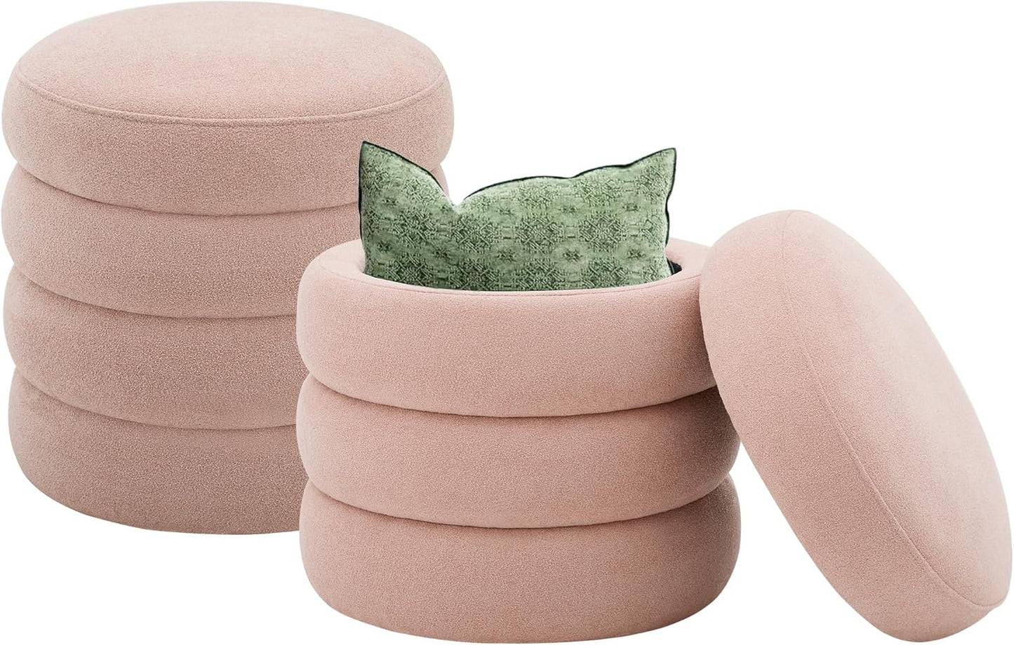 Round Ottoman with Storage Boucle Ottoman Stool Removable Lid for Living Room Modern Upholstered Vanity Storage Stool Foot Rest Bedroom Dorm Gifts Set of 2 (Pink)