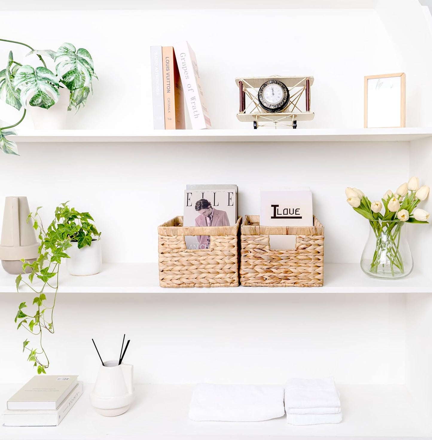 Set of 6 Wicker Storage Basket, Water Hyacinth Storage Baskets, Wicker Storage Baskets for Shelves, Wicker Baskets for Storage, Woven Baskets For Storage (6 Packs Medium)