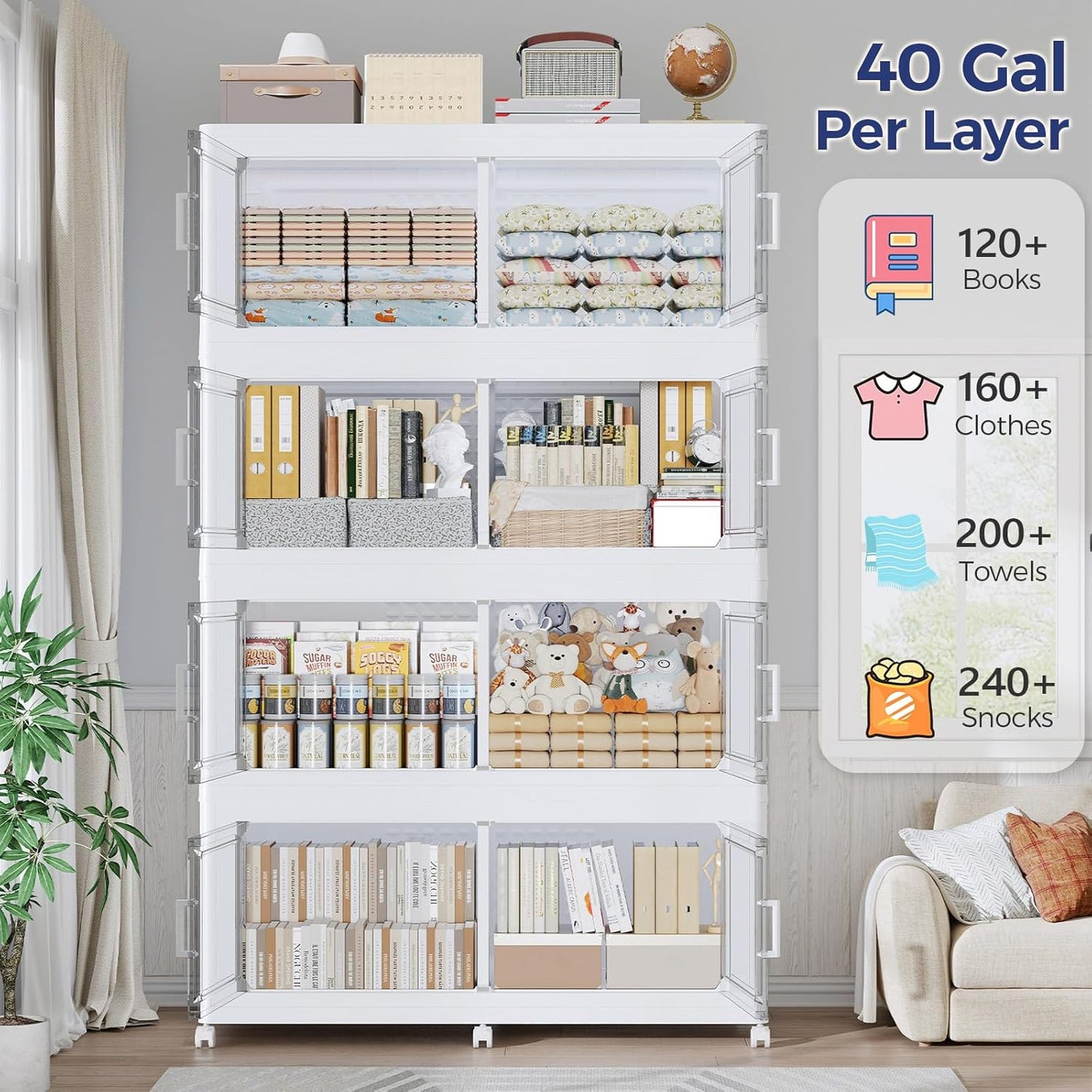 160GAL Extra Large Storage Bins with Lid, 640Qt Stackable Closet Organizers and Drawers, Collapsible Storage Bins with Wheels, Folding Storages Cabinet for Home Bedroom Office, 4Pack White