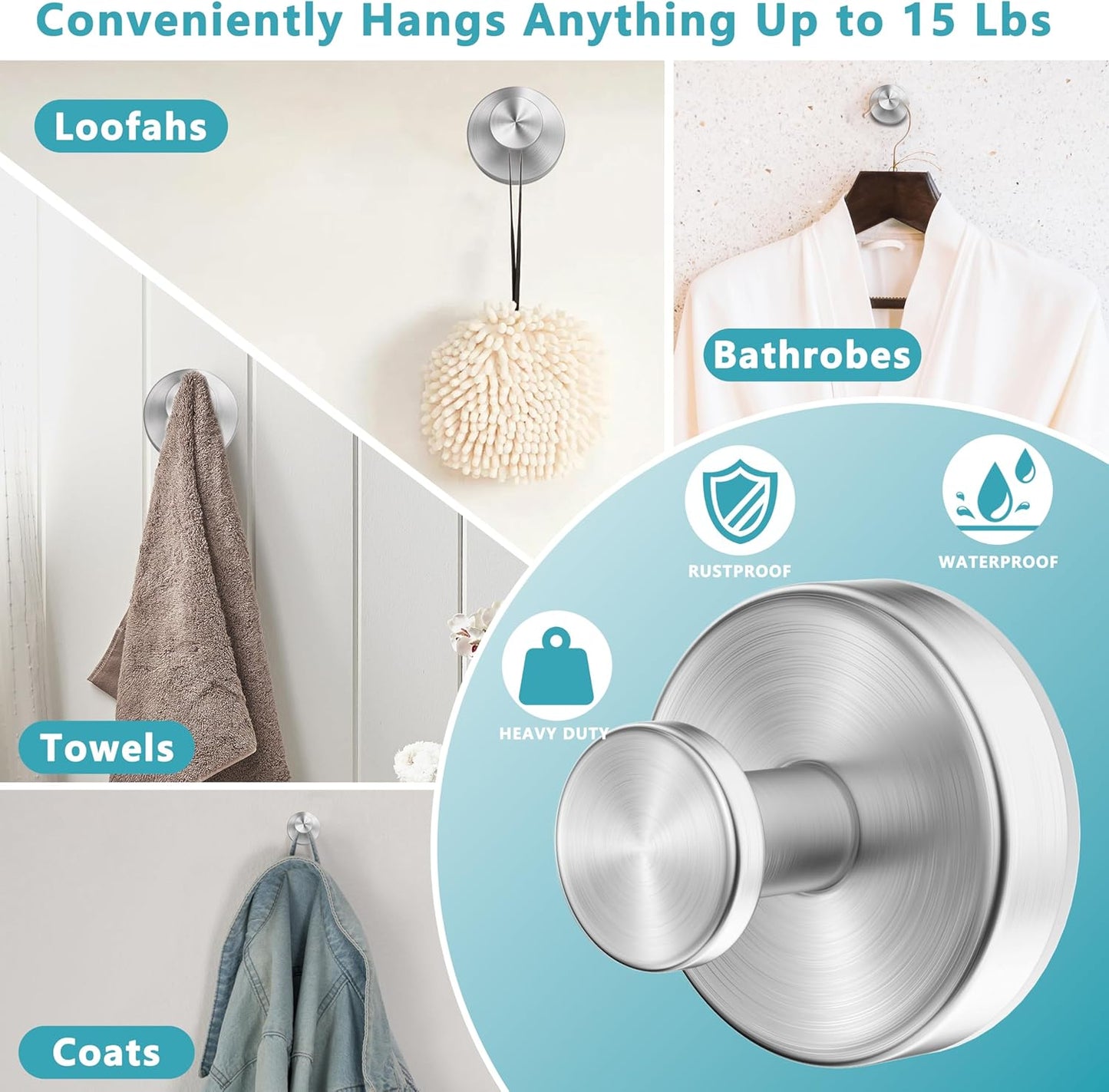 Suction Cup Hooks for Shower,Removable No Drill Towel Hooks,Upgraded 15 lbs Strong Suction hooks for Bathroom Tile,Shower Wall,Glass Door,Kitchen-Loofah,Coat,Stainless Waterproof-Silver 4 Pcs