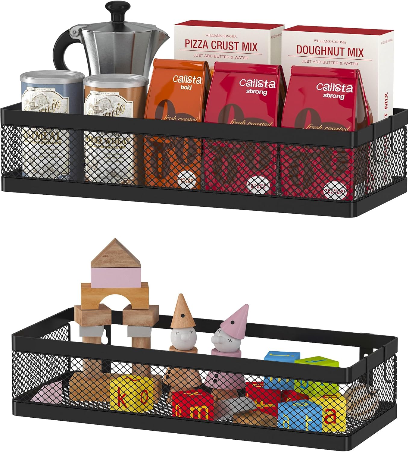 PUSDON Hanging Storage Baskets Organizer Wall Mount, Metal Wire Storage Bin Rack for Kitchen Bathroom Shower Spice Shelf Home Decor Essentials Black-2 Packs (Netting)