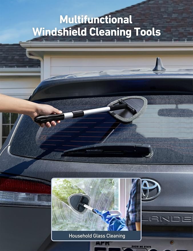 AstroAI Windshield Cleaner Tool, Car Interior Detailing Cleaning Kit with Extendable Handle and 4 Upgraded High-Density Reusable Microfiber Pads, Auto Glass Wiper Brush Kit for Cars, Gray, 15.9in-21in