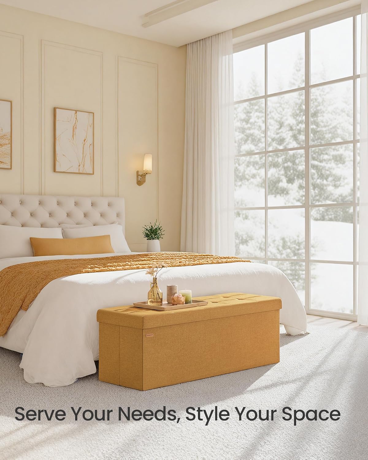 SONGMICS Mazie Collection - Storage Ottoman Bench, 43 Inches Folding Foot Rest Stool, End of Bed Bench, Easy Assembly, for Living Room, Bedroom, Entryway, Ginger ULSF077K04