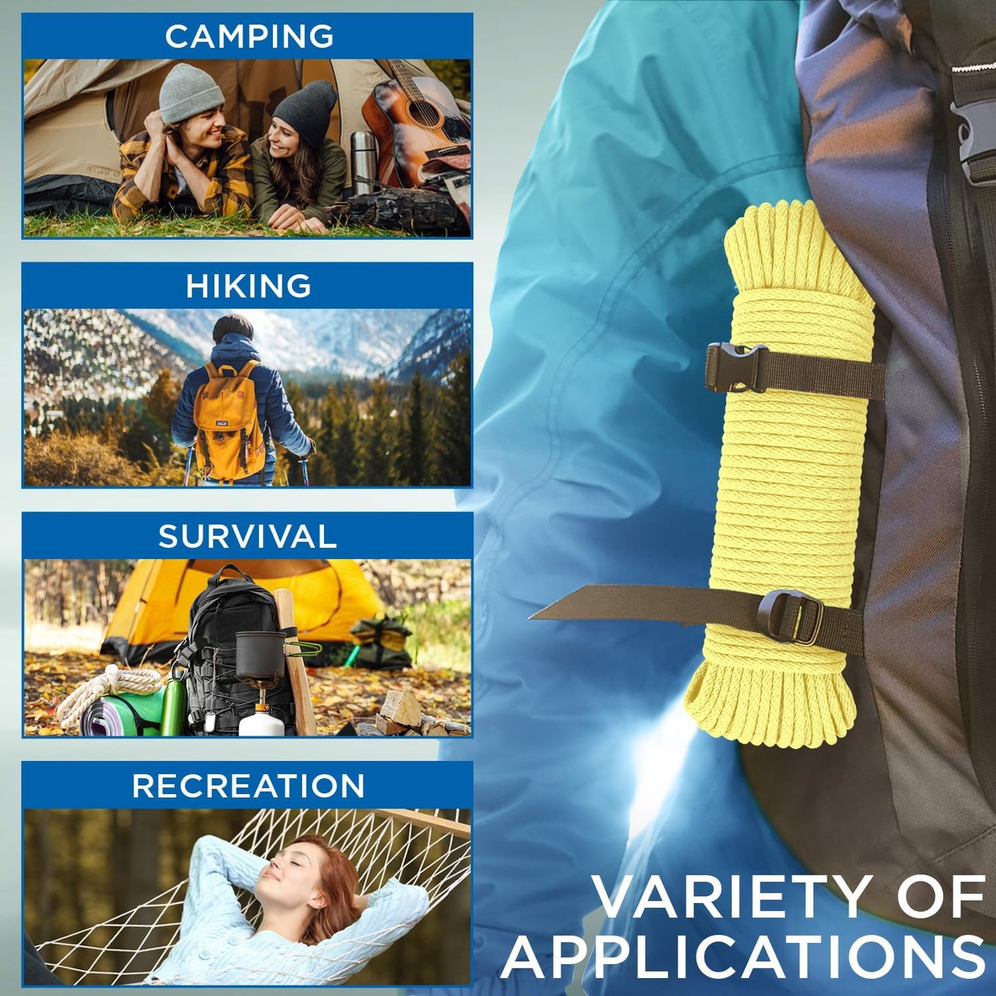 TECEUM Cotton Rope 3/16” (5 mm) – 100 FT – Strong All-Purpose Braided Rope – Natural Cotton – for Crafting, Сamping, Clothes Line, DIY, Indoor & Outdoor Use – Pastel Yellow