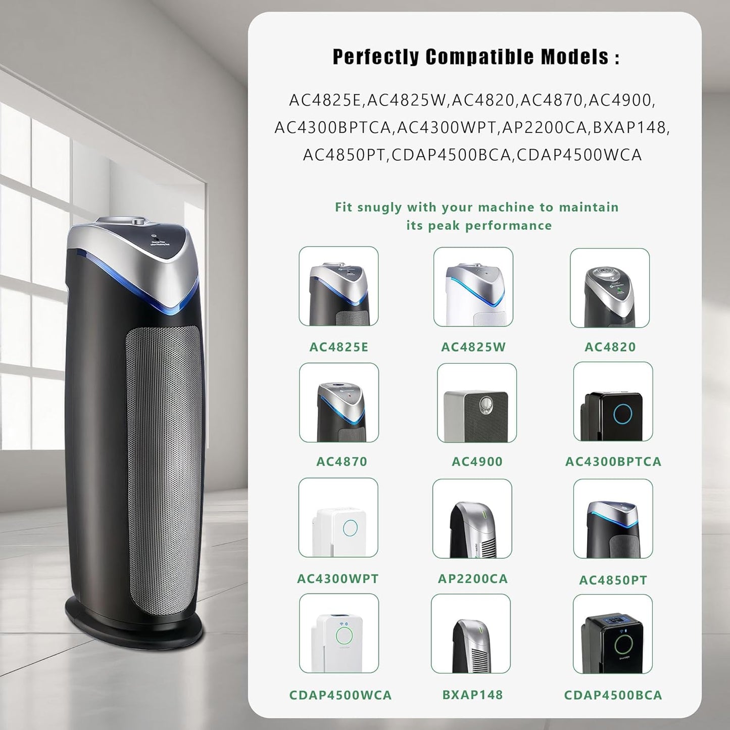 4 Pack FLT4825VO Toxin Clean True HEPA Replacement Filter B Compatible with AC4825 AC4825E AC4825W AC4300 AC4800 AC4900 AC4850 Air Cleaner Purifier with 8 Activated Carbon Pre-Filters