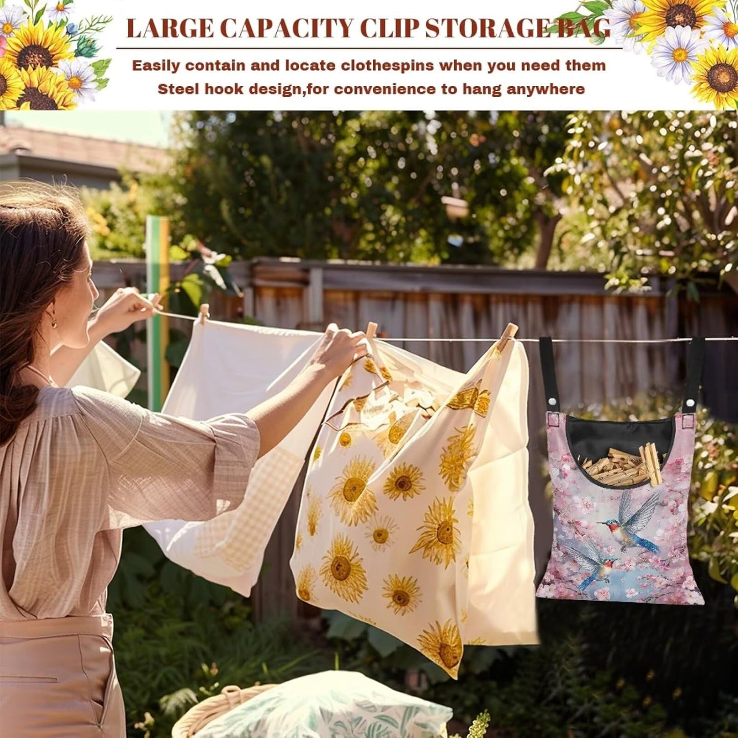 Pin Bag, Hummingbird Print Clothes Pin Hanging Bag Clothespin Storage Organizer with Large Opening Storage Organizer Space-Saving Laundry Hanging Bag