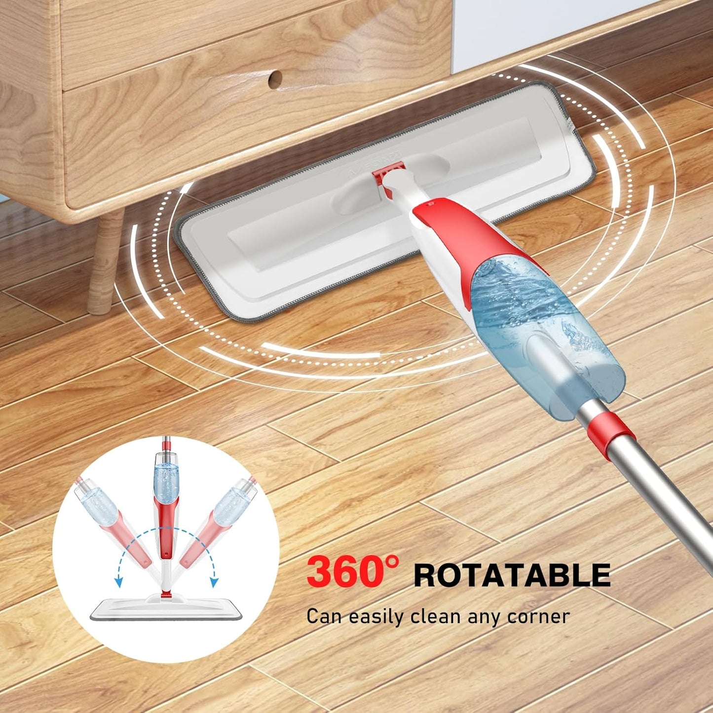 nacena Spray Mop for Floor Cleaning, Dust Mop with 420 ml Refillable Bottle and 3 Pcs Washable Pads Dry Wet Floor Mop for Household or Commercial Use for Hardwood Laminate Tile Ceramic, Red&White