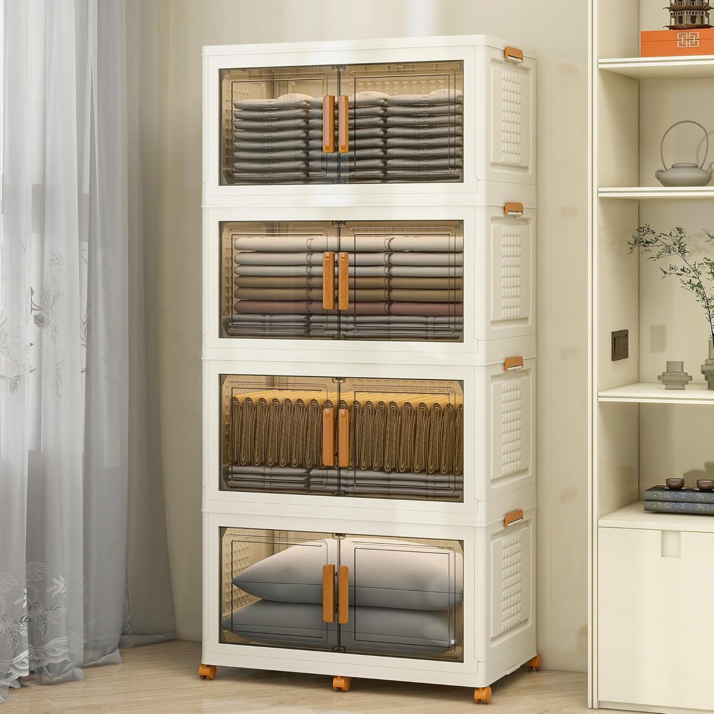 4 Tier Large Stackable Plastic Storage Bins with 1 Lid 95 QT/Tier, Collapsible Plastic Box Storage Bin with Wheels, Home Containers Boxes Closet Organizers for Living Room, Office, Dorm