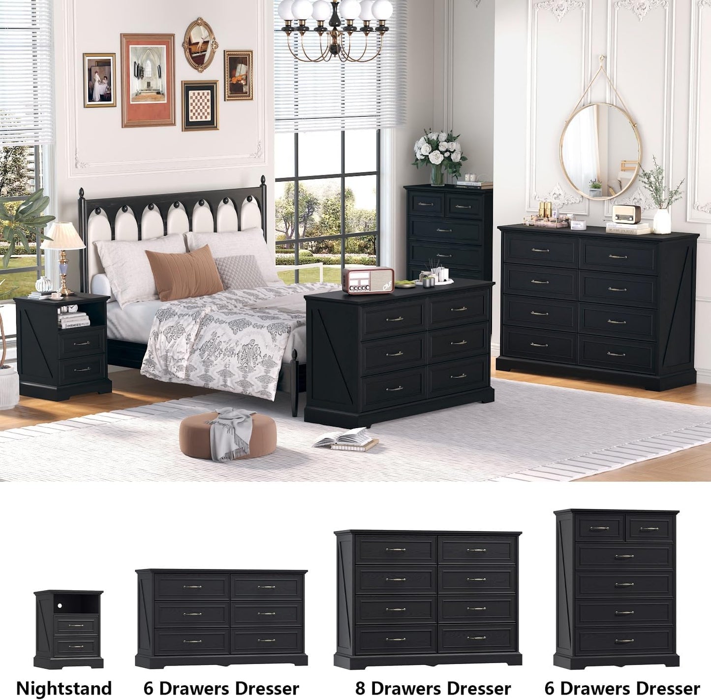 6 Drawer Dresser for Bedroom, 43" Tall Wooden Chest of Drawers, Rustic Farmhouse Dresser with Large Drawers & Metal Handles, Modern Storage Organizer for Closet, Living Room, Hallway, Black