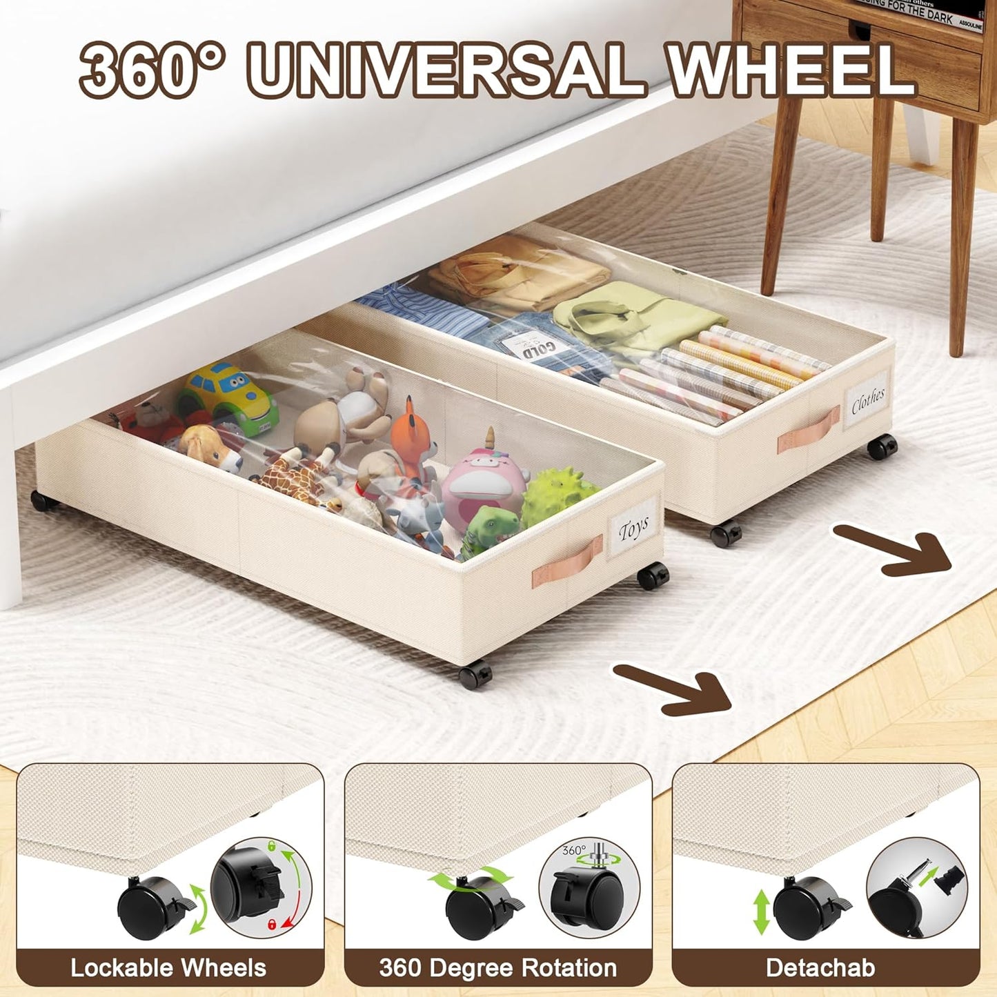 Under Bed Storage with Wheels, 2-Pack Under Bed Storage Containers with Clear Lids, XXL 65L Under the bed storage Organizer Bins, Rolling Under Bed Metal Drawer for Clothes,Shoes,Toys (White, 2-Pack)