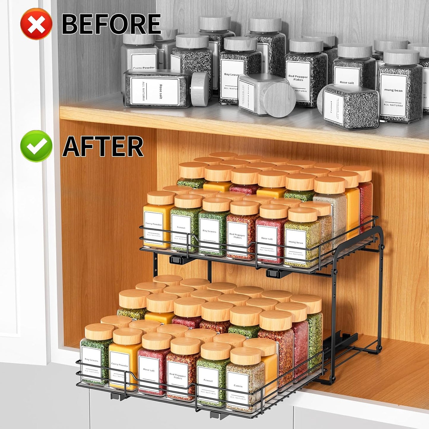RCHYFEED Spice Organization for Cabinet,2 Tier Pull out Spice Rack Organizer for Inside Cabinets & Pantry, Slide out Heavy Duty Spice Shelf Rack for Kitchen Seasoning (11.5" Wx10.5 Dx9.5 H)