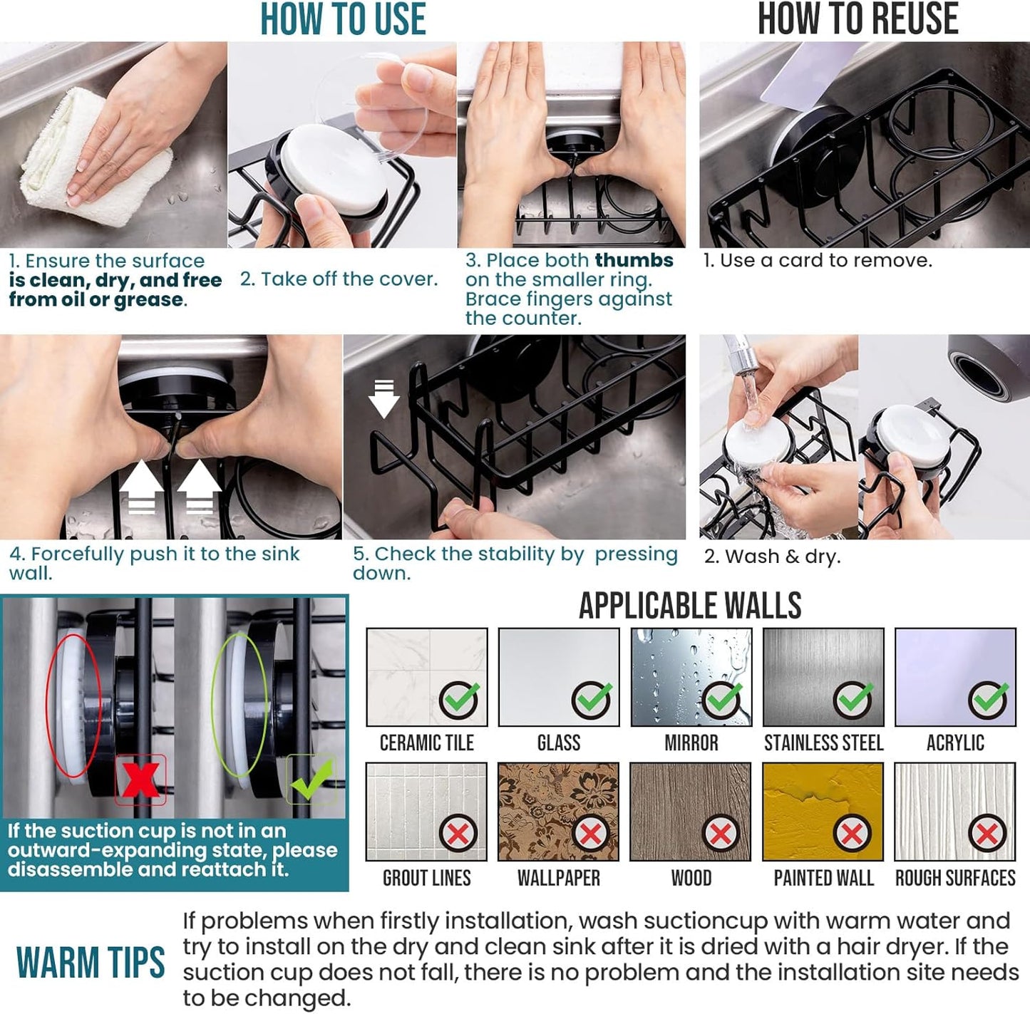 TAILI 4-in-1 Sponge Holder for Kitchen Sink with Strong Suction Cup Removable, Rustproof Aluminum Sink Caddy for Sponge, Brush, Scrubber, Scraper -Black