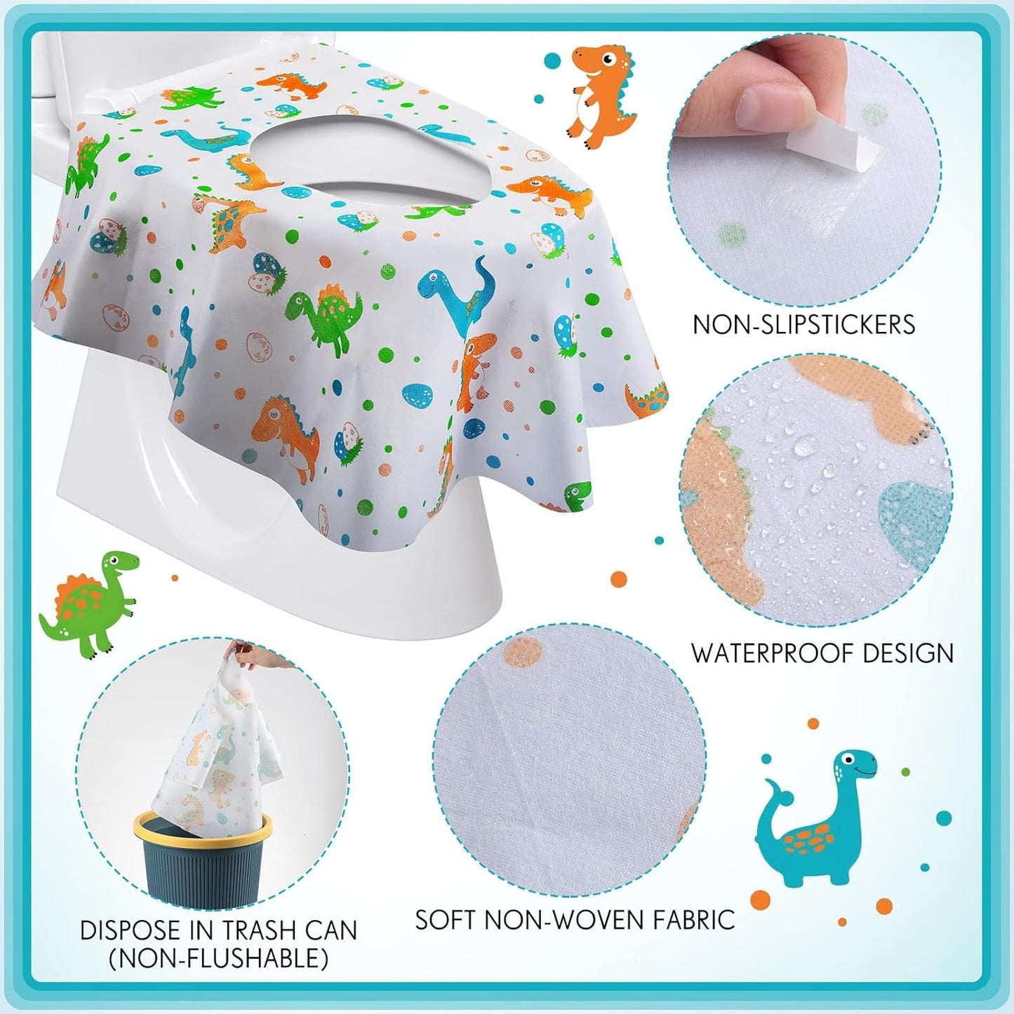 50 Packs Disposable Toilet Seat Covers Extra Large Individually Wrapped for Kids and Adults, Portable Non Slip Waterproof Potty Seat Covers for Toddlers Potty Training, Travel (Dinosaur)