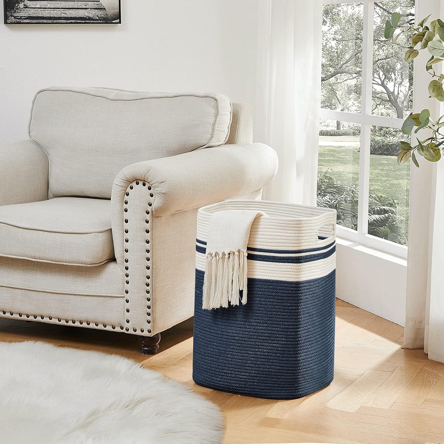 OIAHOMY Laundry Hamper-Laundry Basket,Tall Cotton Storage Basket with Handles,Decorative Blanket Baskets for Living room,Collapsible Large Baskets for Toys,Pillows,Clothes-16x13x22in-Blue