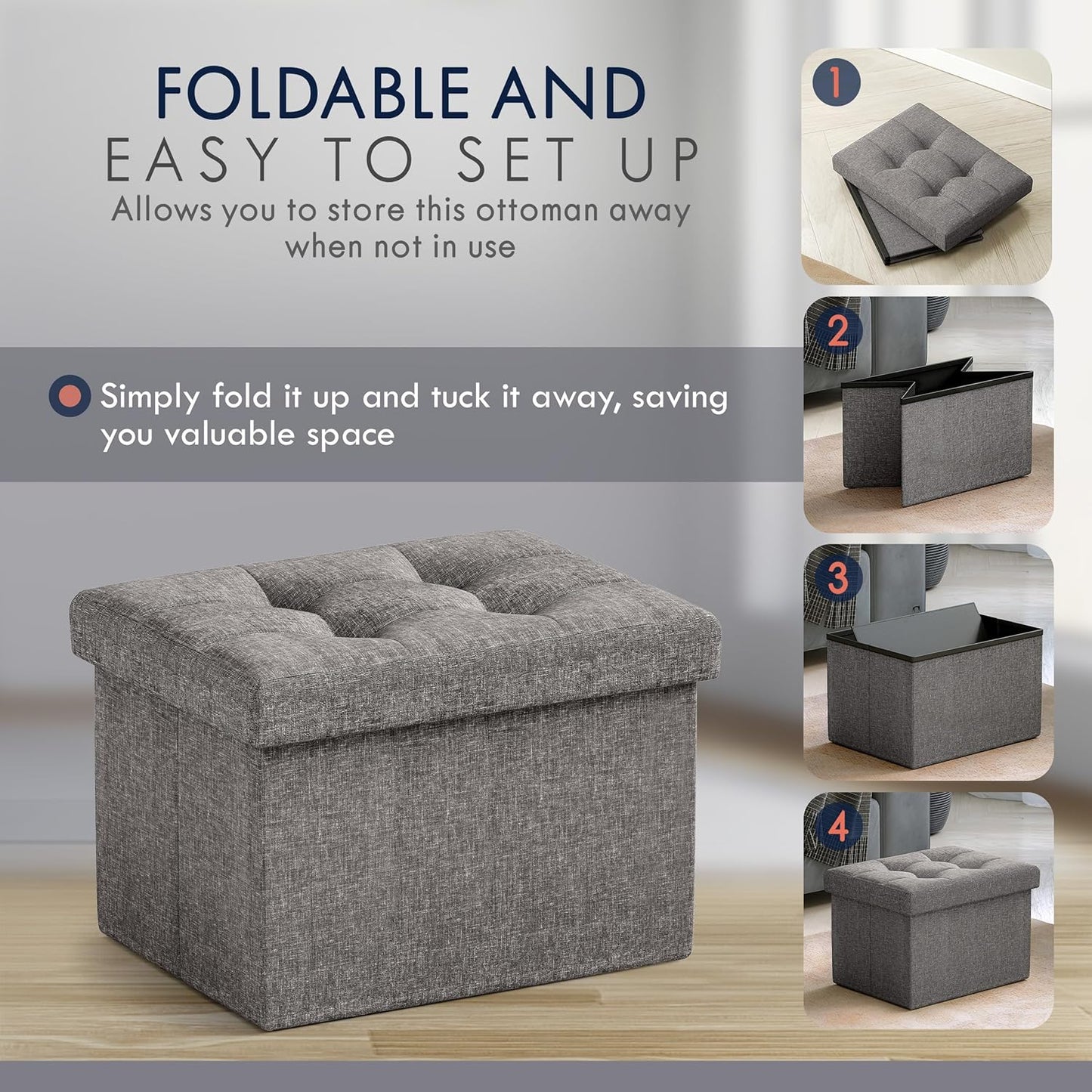 Ornavo Home Small Storage Ottoman Foldable Collapsible Rectangle Linen Ottoman Foot Rest Stool Seat, for Living Room, Bedroom, Home Office, Dorm - 12 x 16 x 12, Dark Gray