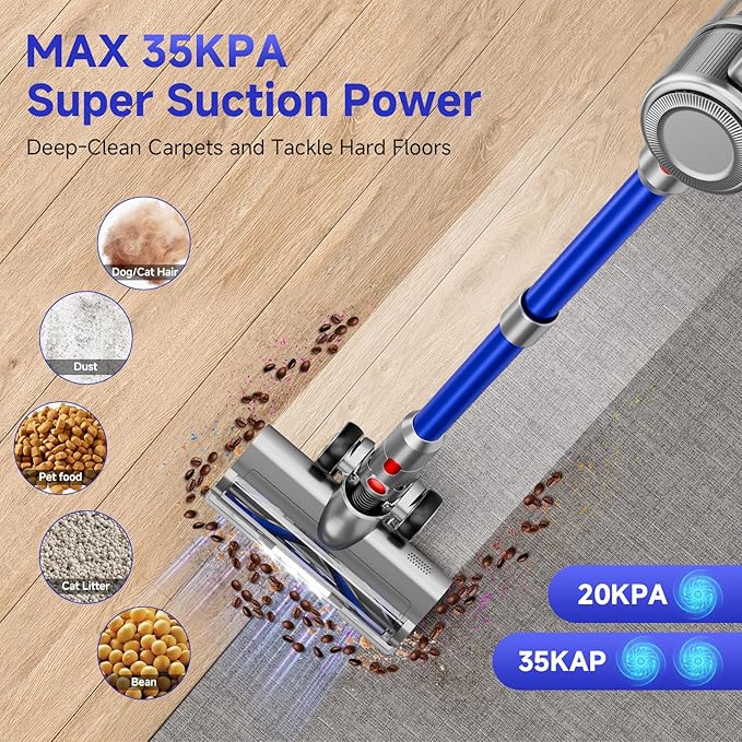Cordless Vacuum Cleaner, 38Kpa Powerful Stick Vacuum Cleaner with 45mins Rechargeable Battery, LED Anti-Tangle Brush, 8-in-1 Handheld Vacuum Cleaners for Home/Pet Hair/Carpets/Floors, Blue