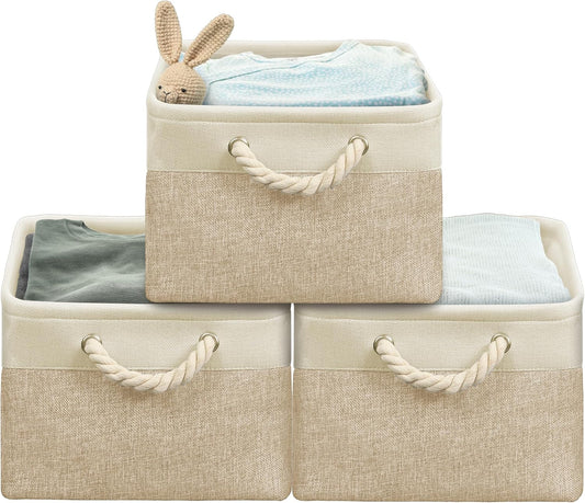 SIMPLE HOUSEWARE Large Fabric Storage Bin, 15.7" x 12" with Braided Handles, 3 Pack, Beige