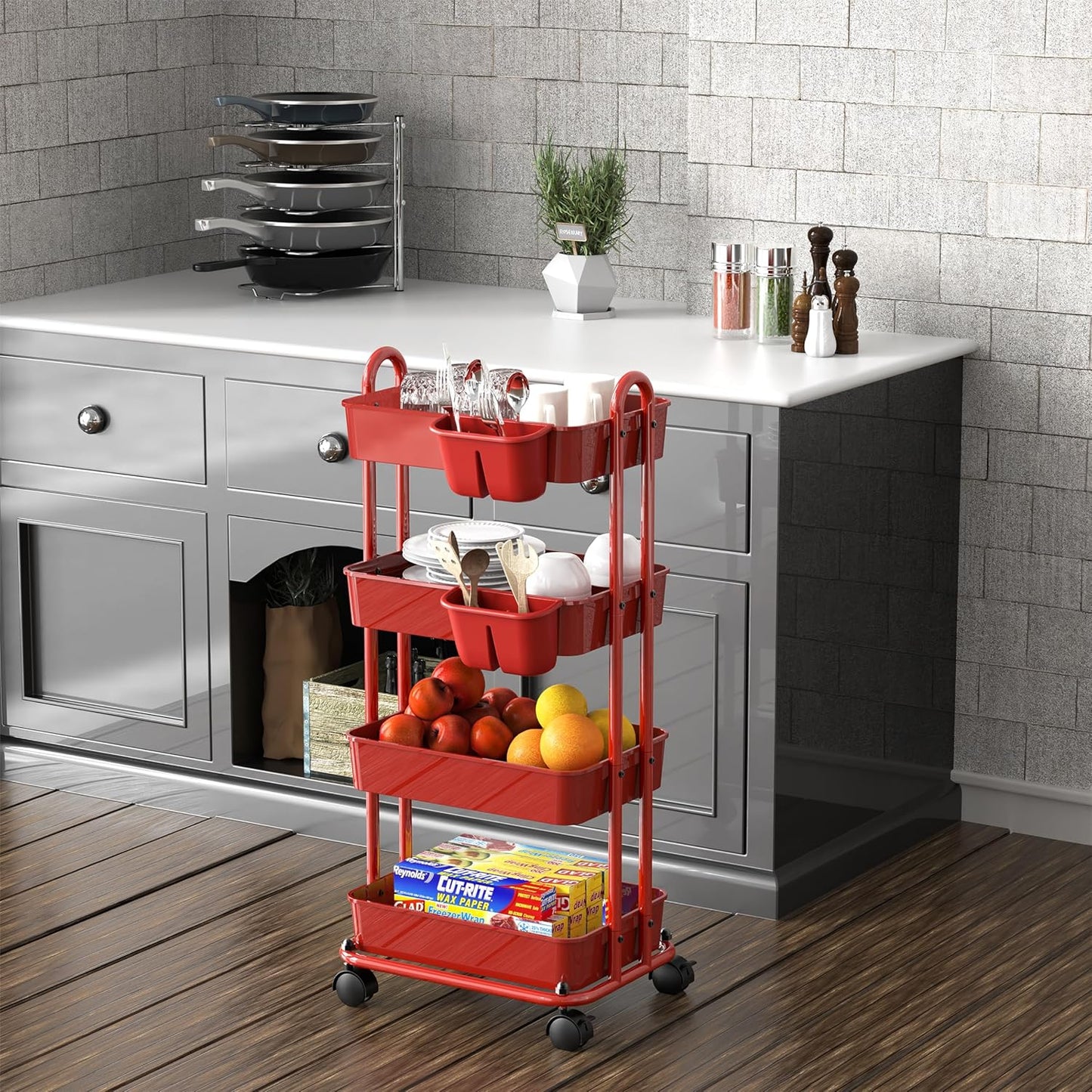 Simple Houseware 4-Tier Multifunctional Rolling Utility Cart with Hanging Buckets, Red