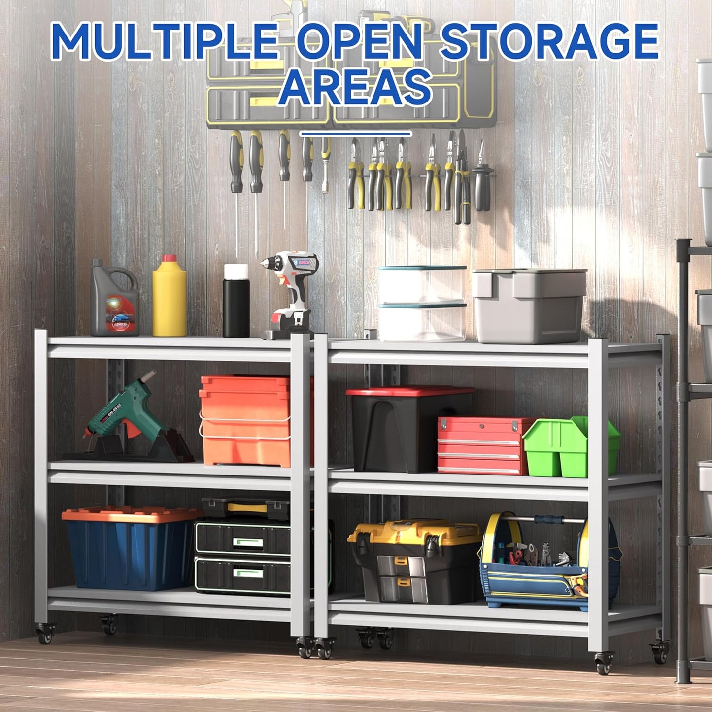 34''W Garage Heavy Duty 3-Tier Adjustable Storage Rack, Steel Shelving with Wheels,Pantry,Kitchen, Office, Closet and Garage Shelves, Easy to Assemble- White