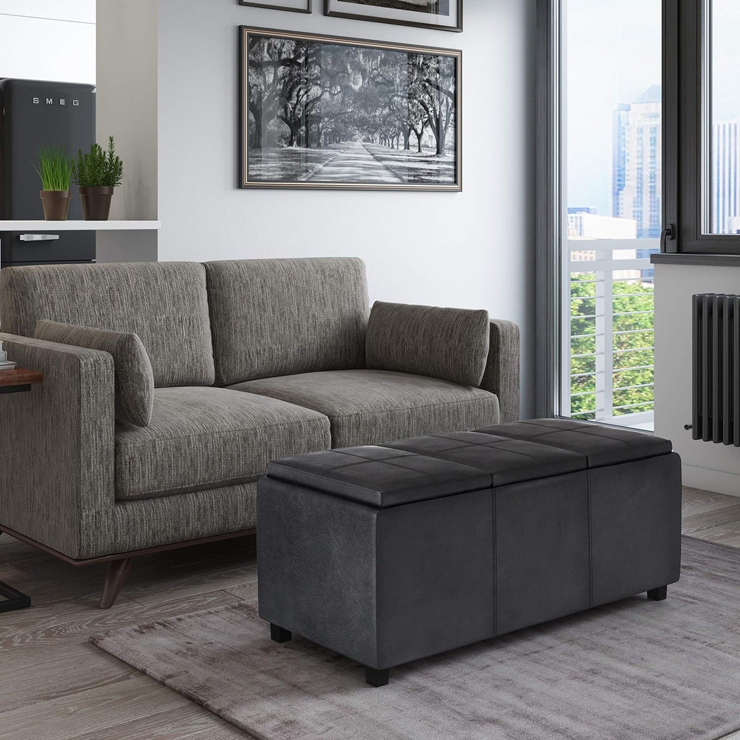 SIMPLIHOME Avalon 42 inch Wide Contemporary Rectangle Storage Ottoman in Distressed Black Vegan Faux Leather, Assembled, For the Living Room, Entryway and Family Room