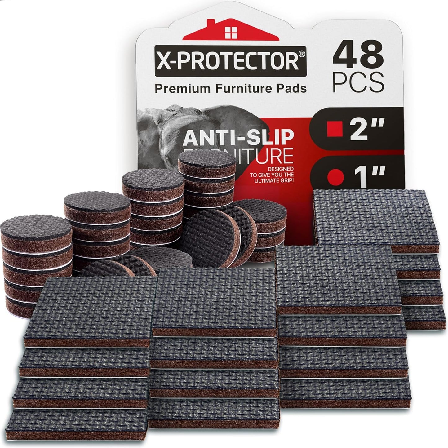 Non Slip Furniture Pads X-PROTECTOR 48 PCS - 32 pcs 1” Round + 16 pcs 2" Square Furniture Grippers! Rubber Feet Hardwood Floor Protectors for Furniture Legs - Couch Stoppers - Keep Furniture in Place!