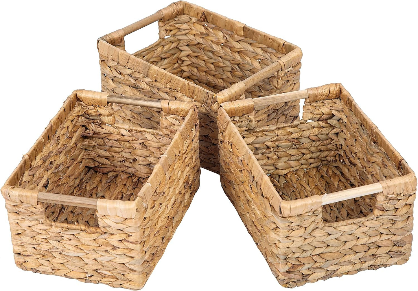 Natural Water Hyacinth storage basket with Handle, Rectangular Organizing Basket for Organizing, Decorative Wicker Storage Bins for Living Room, Medium Wicker Baskets - 3 Pack Medium