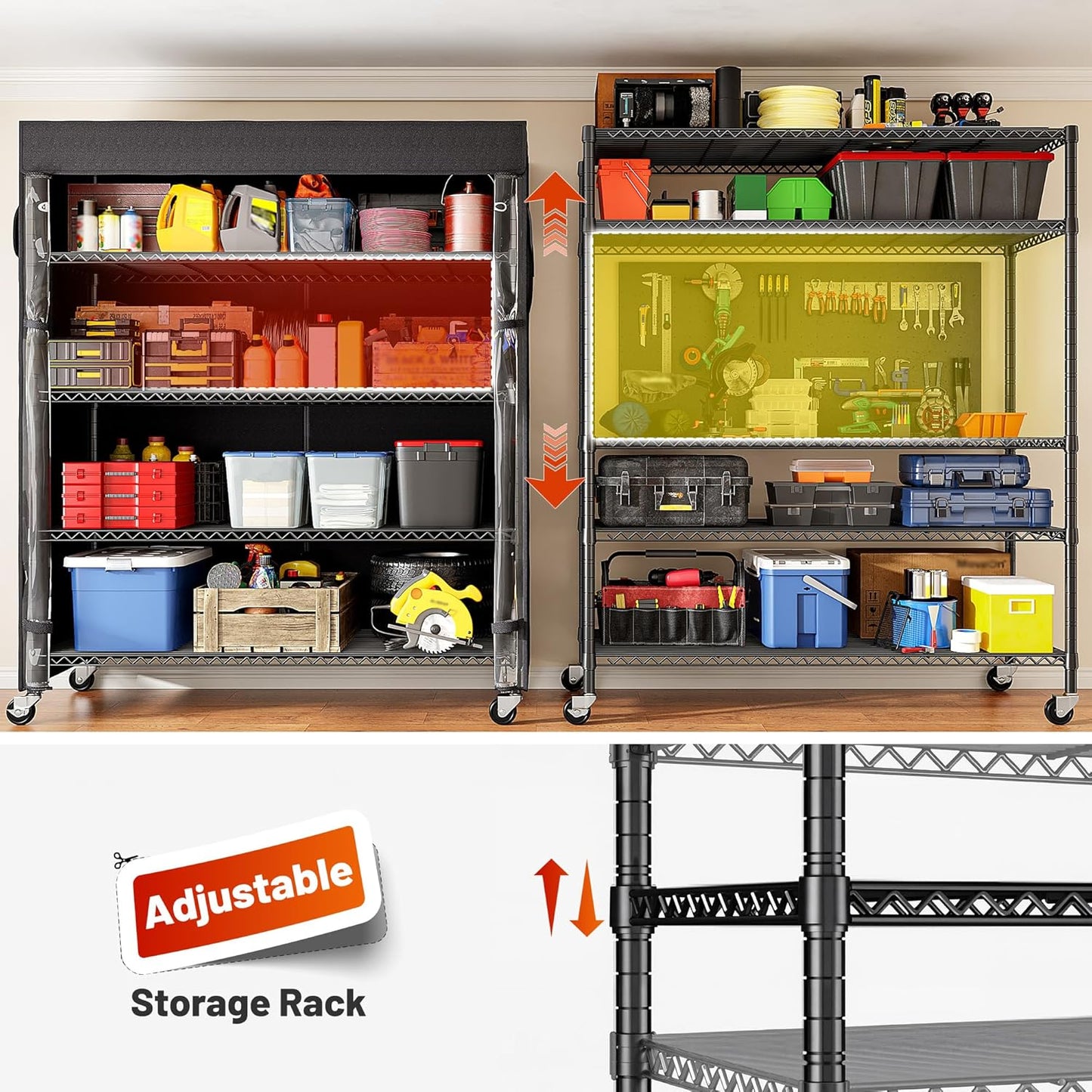 REIBII 45''W Storage Shelves Waterproof Metal Shelving Cover Dustproof Wire Shelving Unit Covers Garage Storage Rack Wire Shelf for Kitchen Pantry Office College, 45Wx17.72Dx72.83H