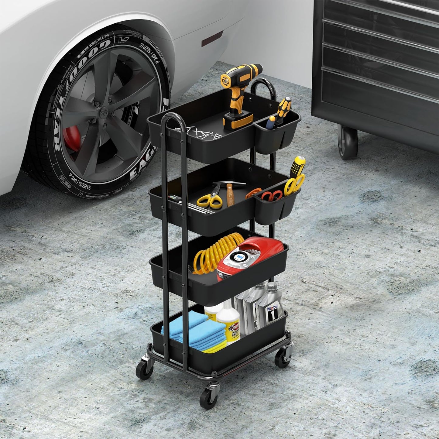 Simple Houseware 4-Tier Multifunctional Rolling Utility Cart with Hanging Buckets, Black